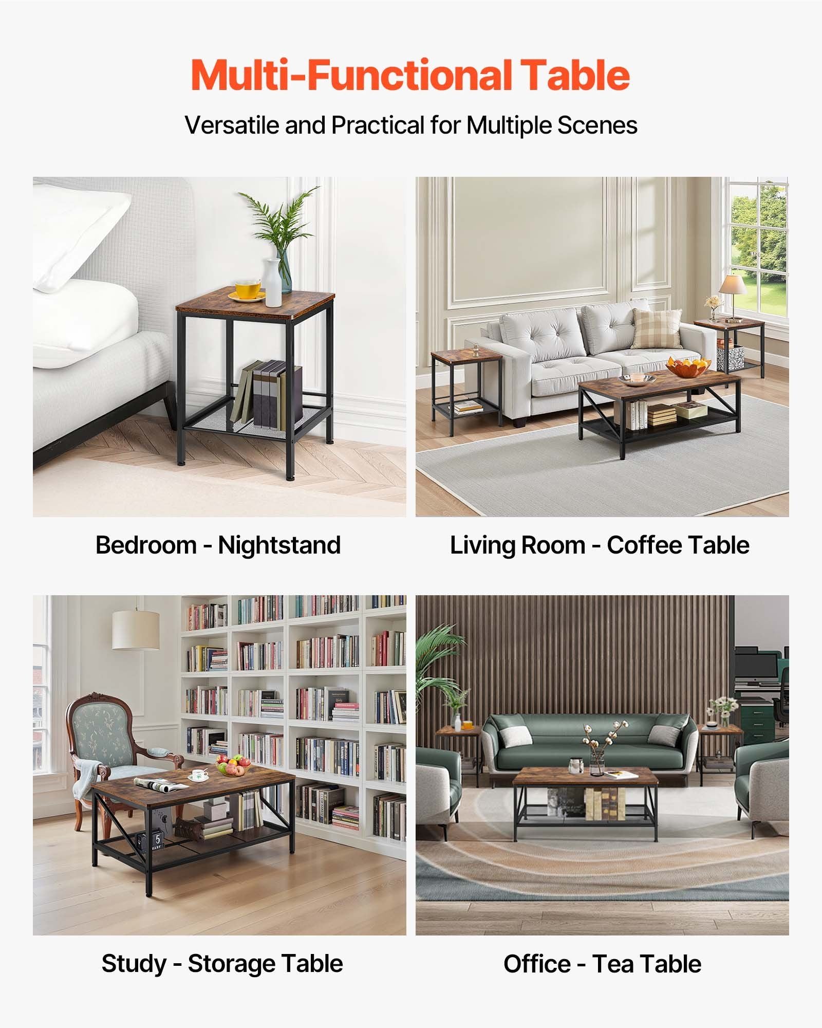 3 Pieces Living Room Table Sets, 41.3 in Industrial Coffee Table with 2 Square End Side Tables, Easy Assembly Coffee and End Tables Sets with Metal Legs, for Office, Living Room & Apartment