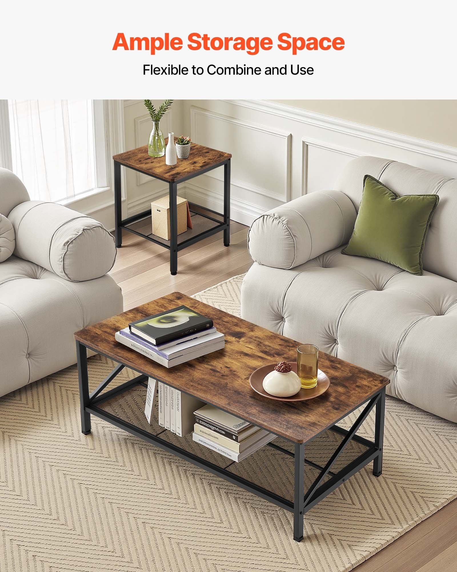 3 Pieces Living Room Table Sets, 41.3 in Industrial Coffee Table with 2 Square End Side Tables, Easy Assembly Coffee and End Tables Sets with Metal Legs, for Office, Living Room & Apartment