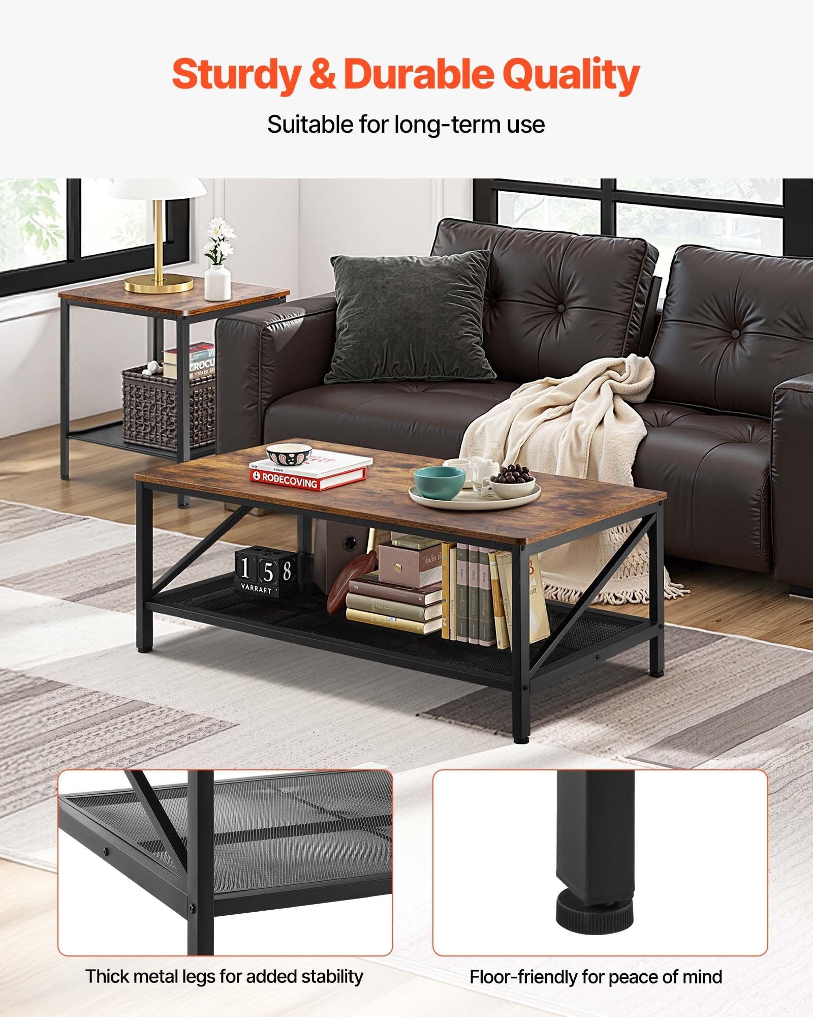 3 Pieces Living Room Table Sets, 41.3 in Industrial Coffee Table with 2 Square End Side Tables, Easy Assembly Coffee and End Tables Sets with Metal Legs, for Office, Living Room & Apartment
