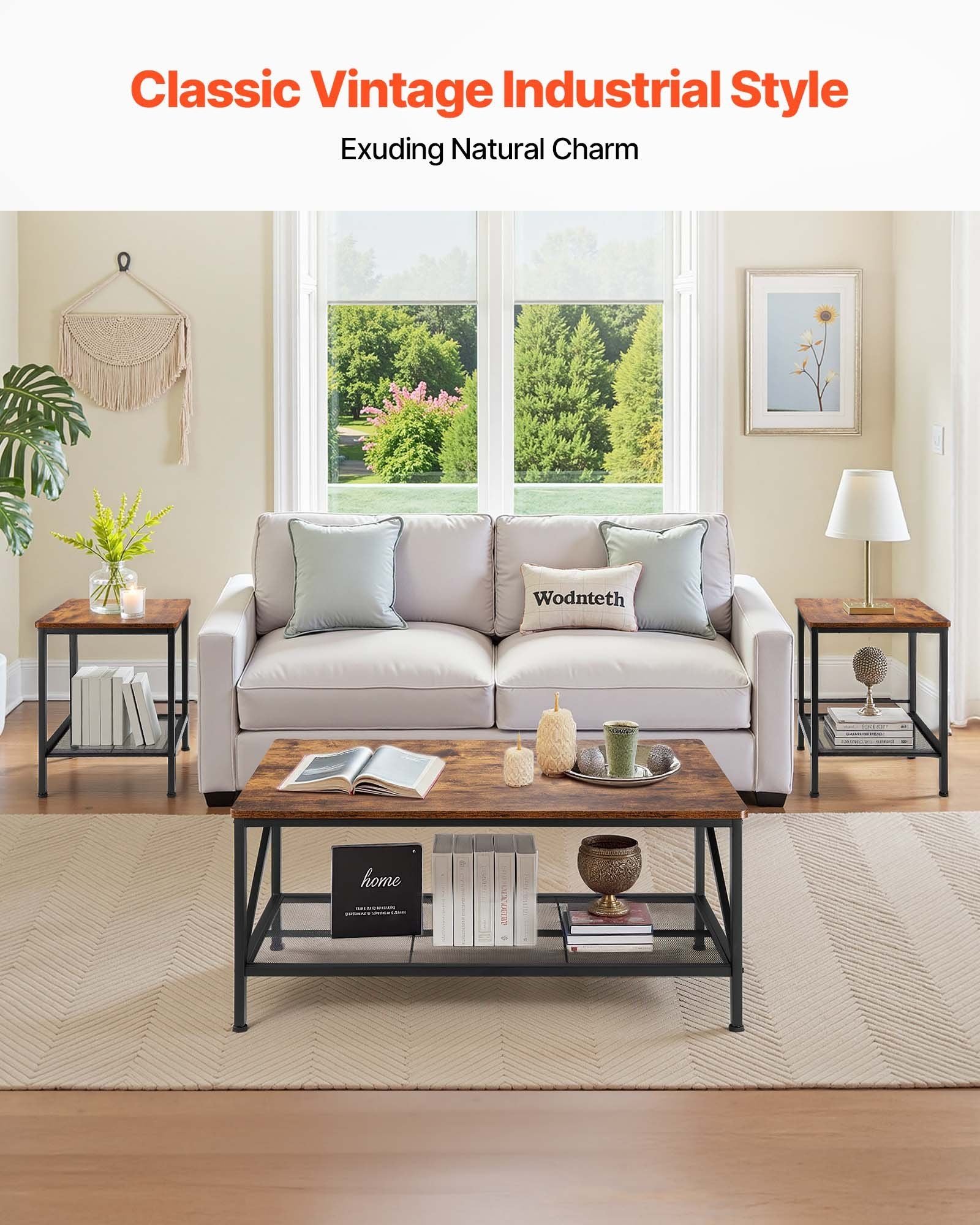 3 Pieces Living Room Table Sets, 41.3 in Industrial Coffee Table with 2 Square End Side Tables, Easy Assembly Coffee and End Tables Sets with Metal Legs, for Office, Living Room & Apartment
