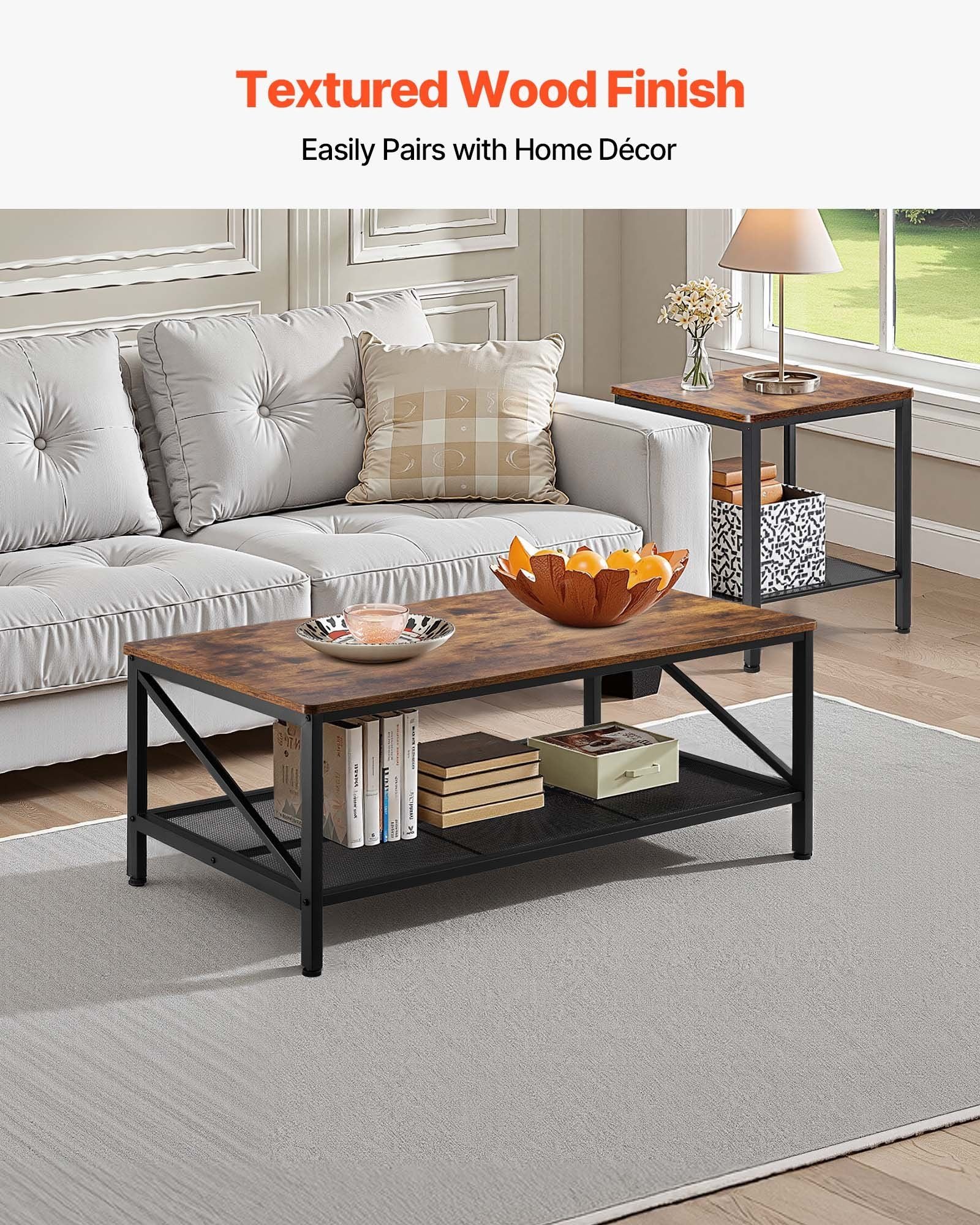 3 Pieces Living Room Table Sets, 41.3 in Industrial Coffee Table with 2 Square End Side Tables, Easy Assembly Coffee and End Tables Sets with Metal Legs, for Office, Living Room & Apartment