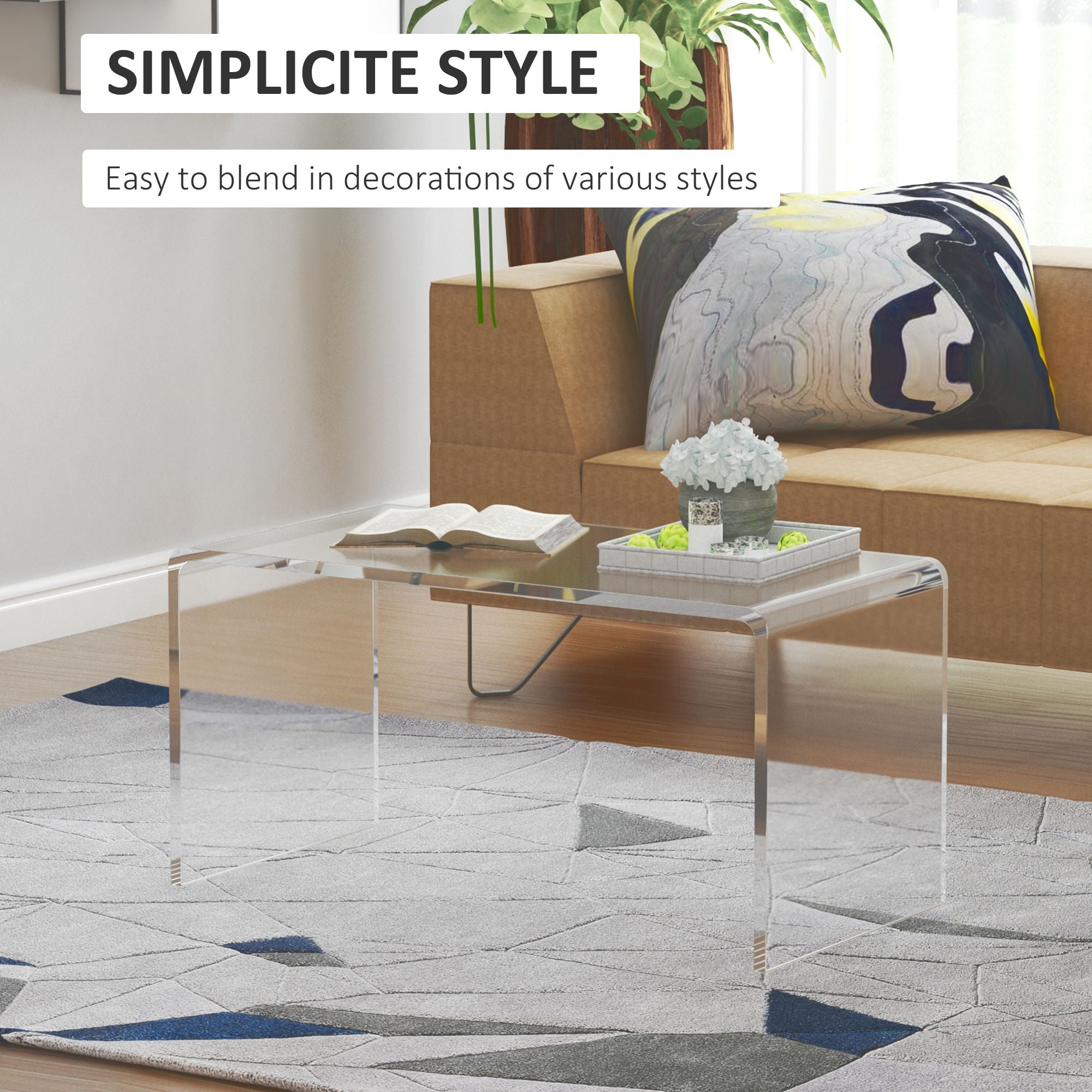 32" Clear Acrylic Coffee Table, 0.5In Thick C-Shape Waterfall End Coffee Table, Multipurpose Lucite Tea Table for Living Room