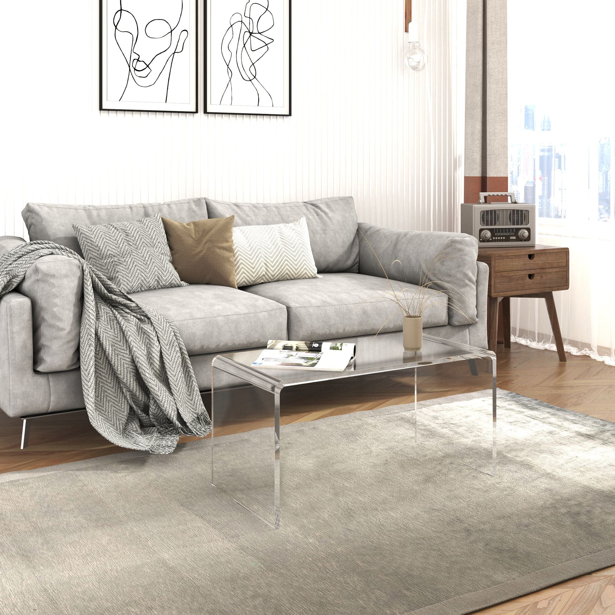 32" Clear Acrylic Coffee Table, 0.5In Thick C-Shape Waterfall End Coffee Table, Multipurpose Lucite Tea Table for Living Room
