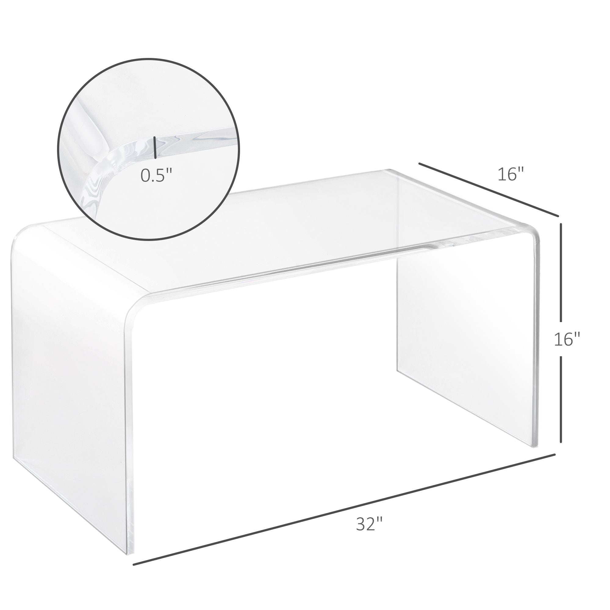32" Clear Acrylic Coffee Table, 0.5In Thick C-Shape Waterfall End Coffee Table, Multipurpose Lucite Tea Table for Living Room