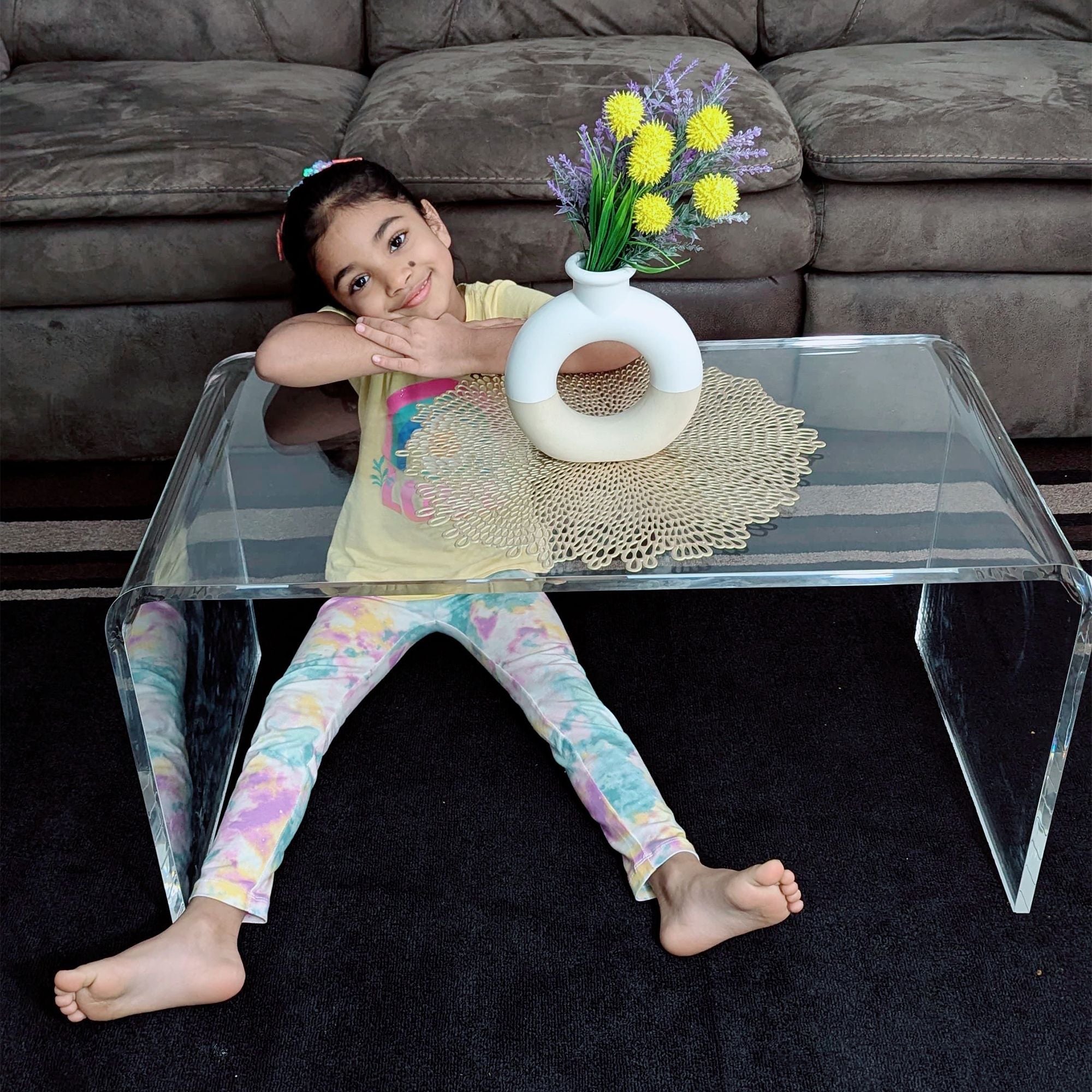 32" Clear Acrylic Coffee Table, 0.5In Thick C-Shape Waterfall End Coffee Table, Multipurpose Lucite Tea Table for Living Room