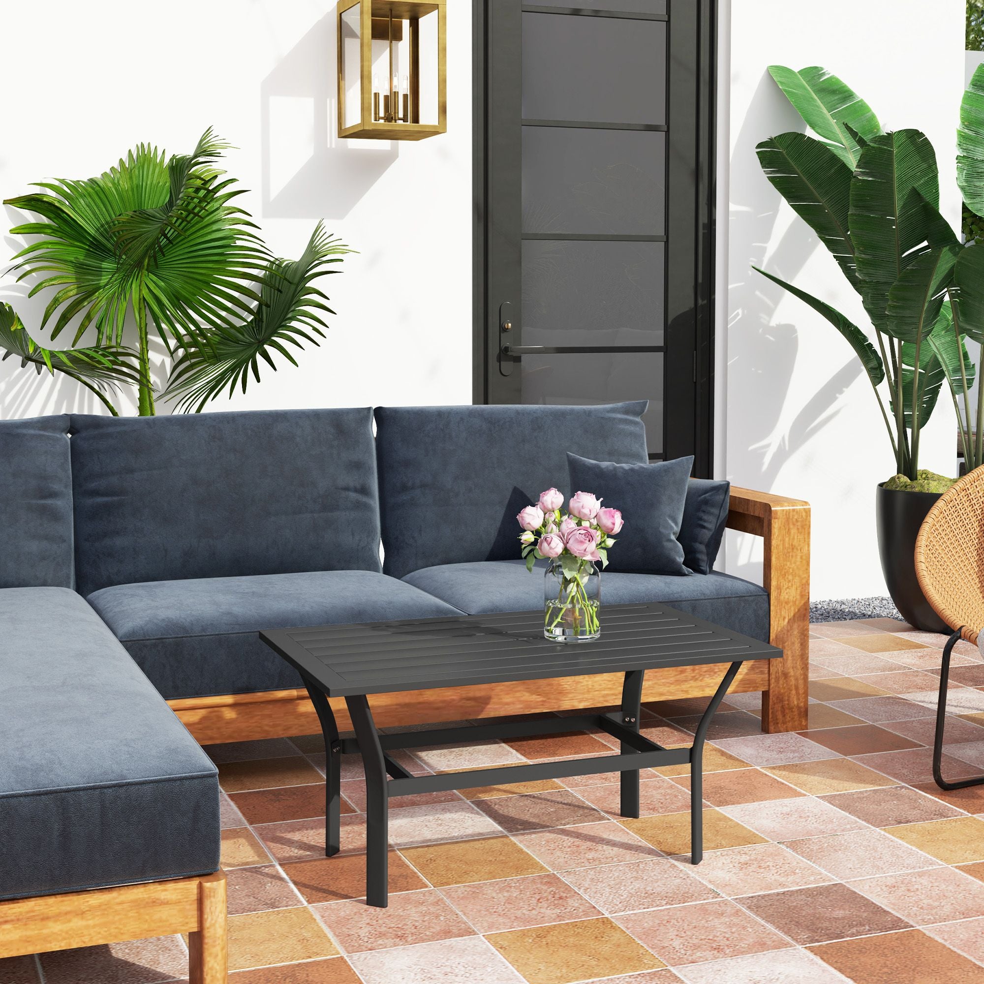 Outdoor Coffee Table with Slatted Tabletop, All-Weather Rectangle Metal Patio Coffee Table for Garden, Black