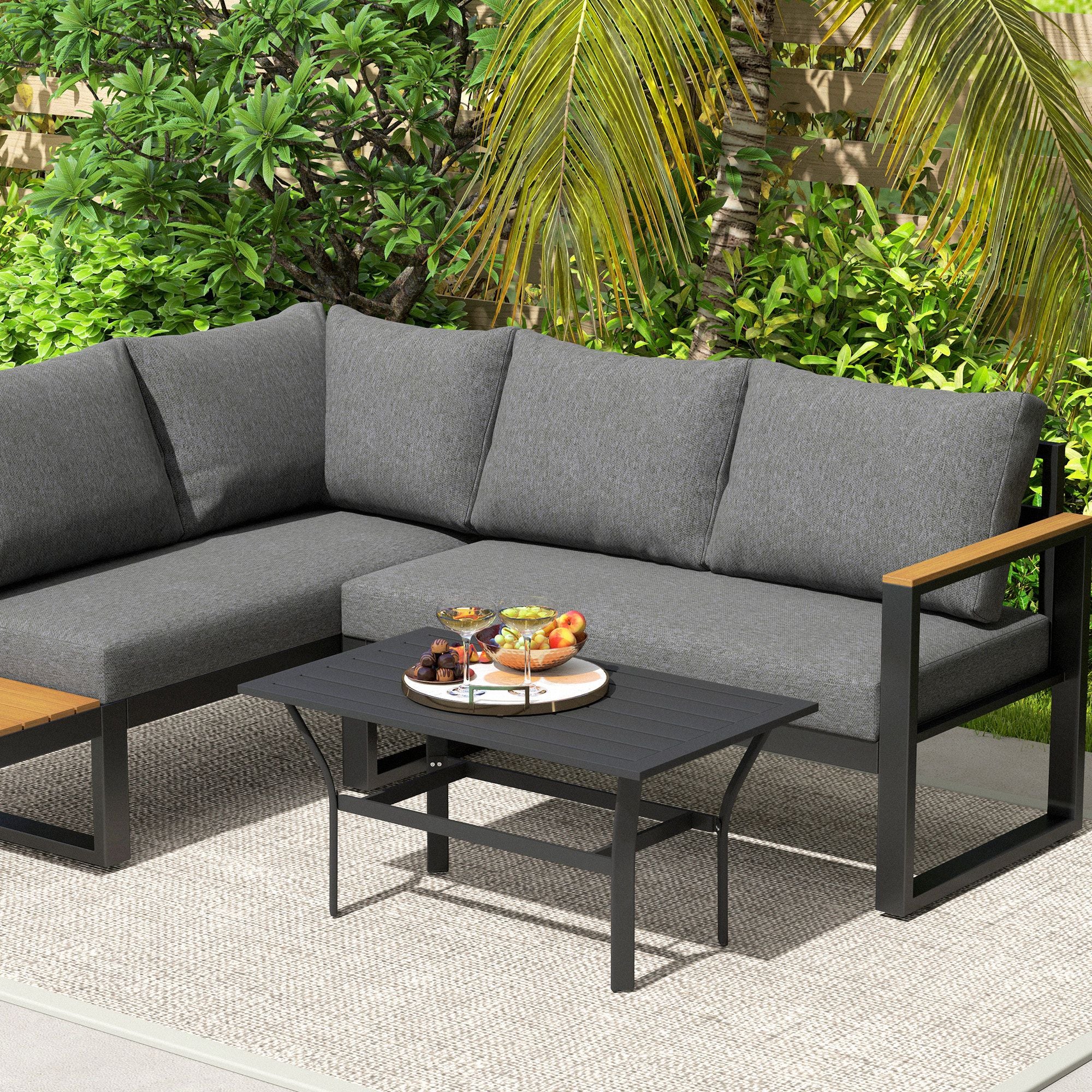 Outdoor Coffee Table with Slatted Tabletop, All-Weather Rectangle Metal Patio Coffee Table for Garden, Black