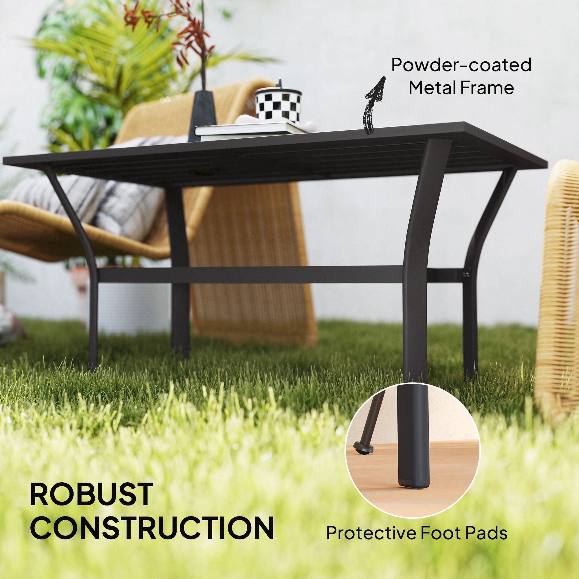 Outdoor Coffee Table with Slatted Tabletop, All-Weather Rectangle Metal Patio Coffee Table for Garden, Black
