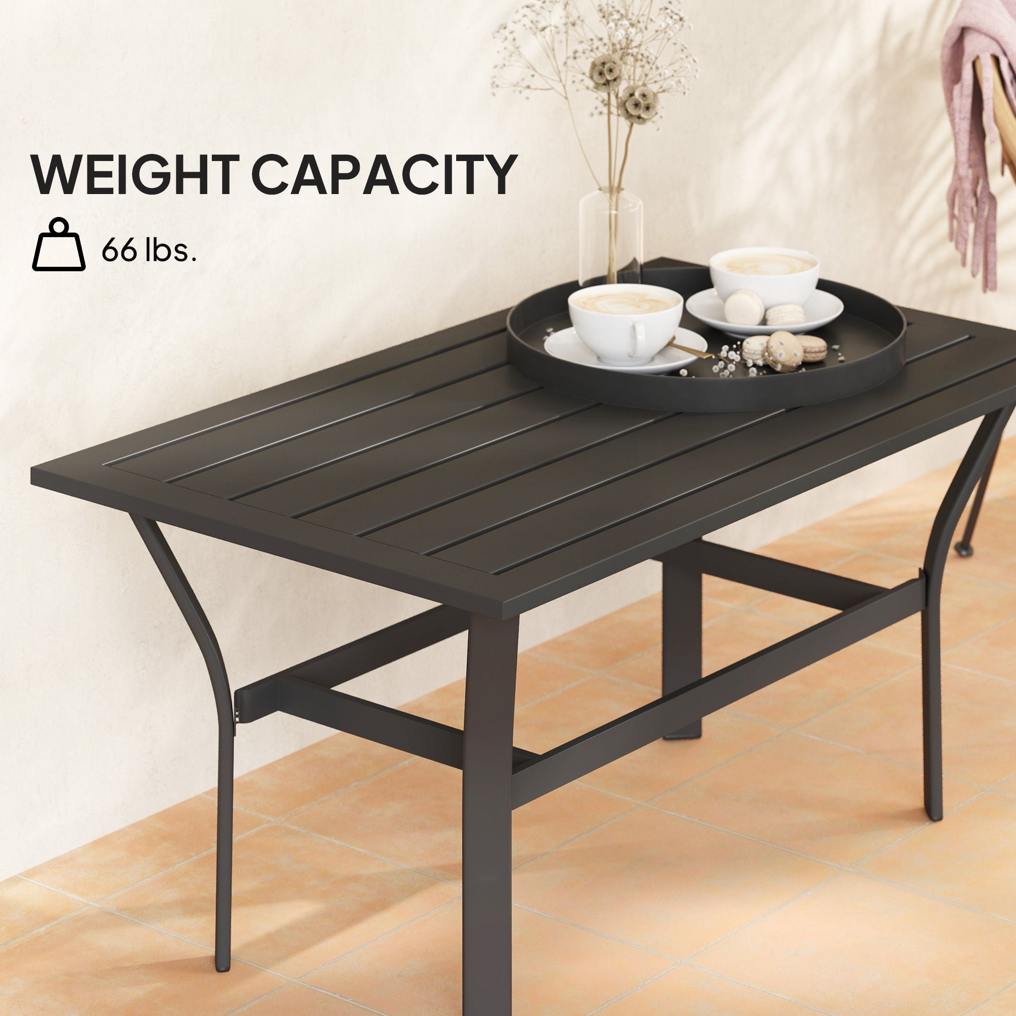 Outdoor Coffee Table with Slatted Tabletop, All-Weather Rectangle Metal Patio Coffee Table for Garden, Black