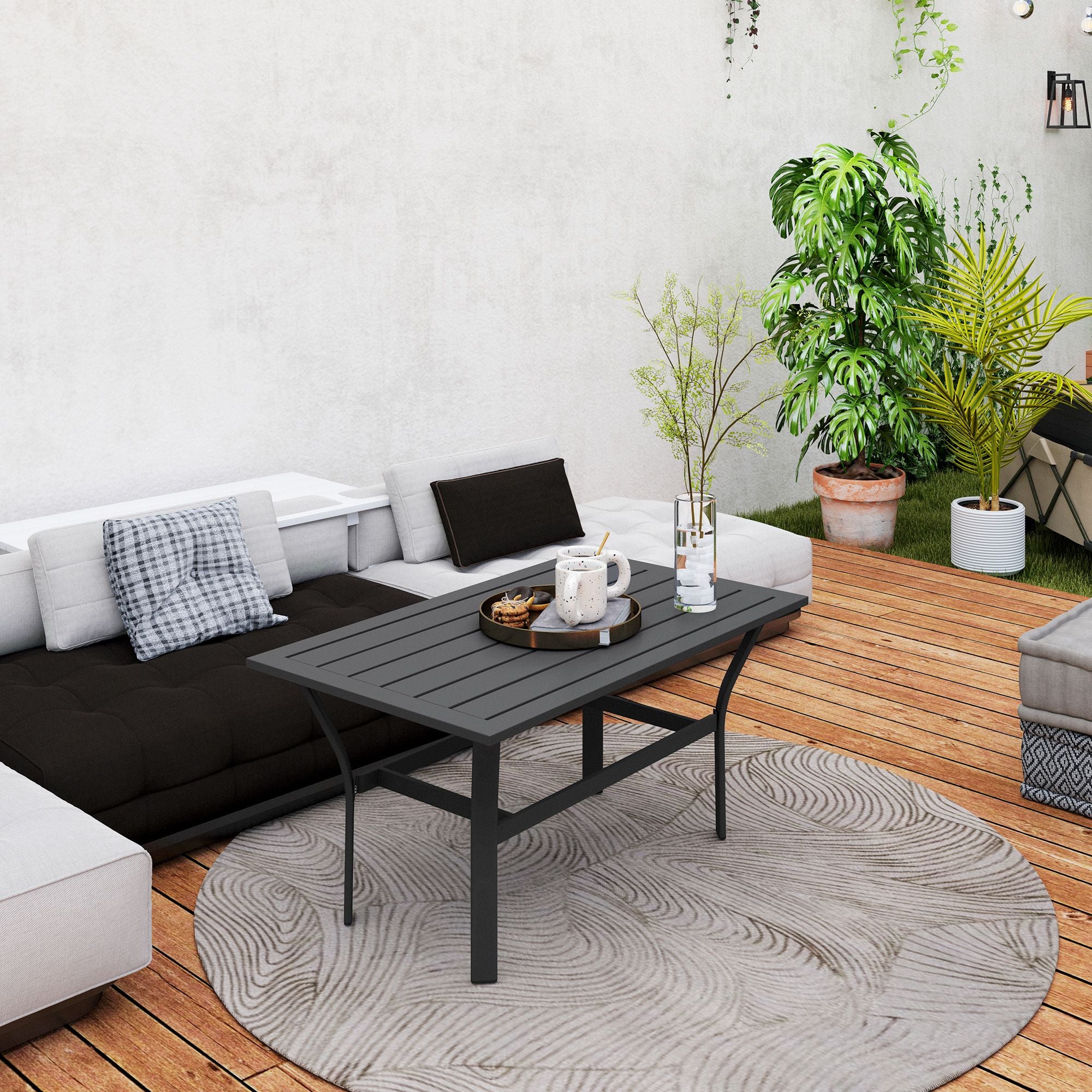 Outdoor Coffee Table with Slatted Tabletop, All-Weather Rectangle Metal Patio Coffee Table for Garden, Black