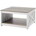 31.5" Farmhouse Coffee Table, Square Coffee Table with Open Storage Compartment, Wooden Rustic Cocktail Table for Living Room, Bedroom, Apartment, Studio, Gray & White