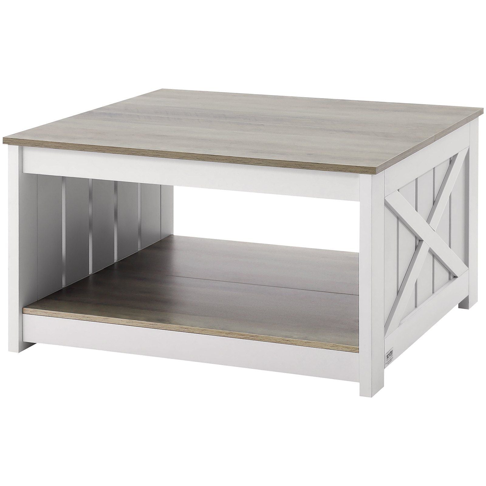 31.5" Farmhouse Coffee Table, Square Coffee Table with Open Storage Compartment, Wooden Rustic Cocktail Table for Living Room, Bedroom, Apartment, Studio, Gray & White