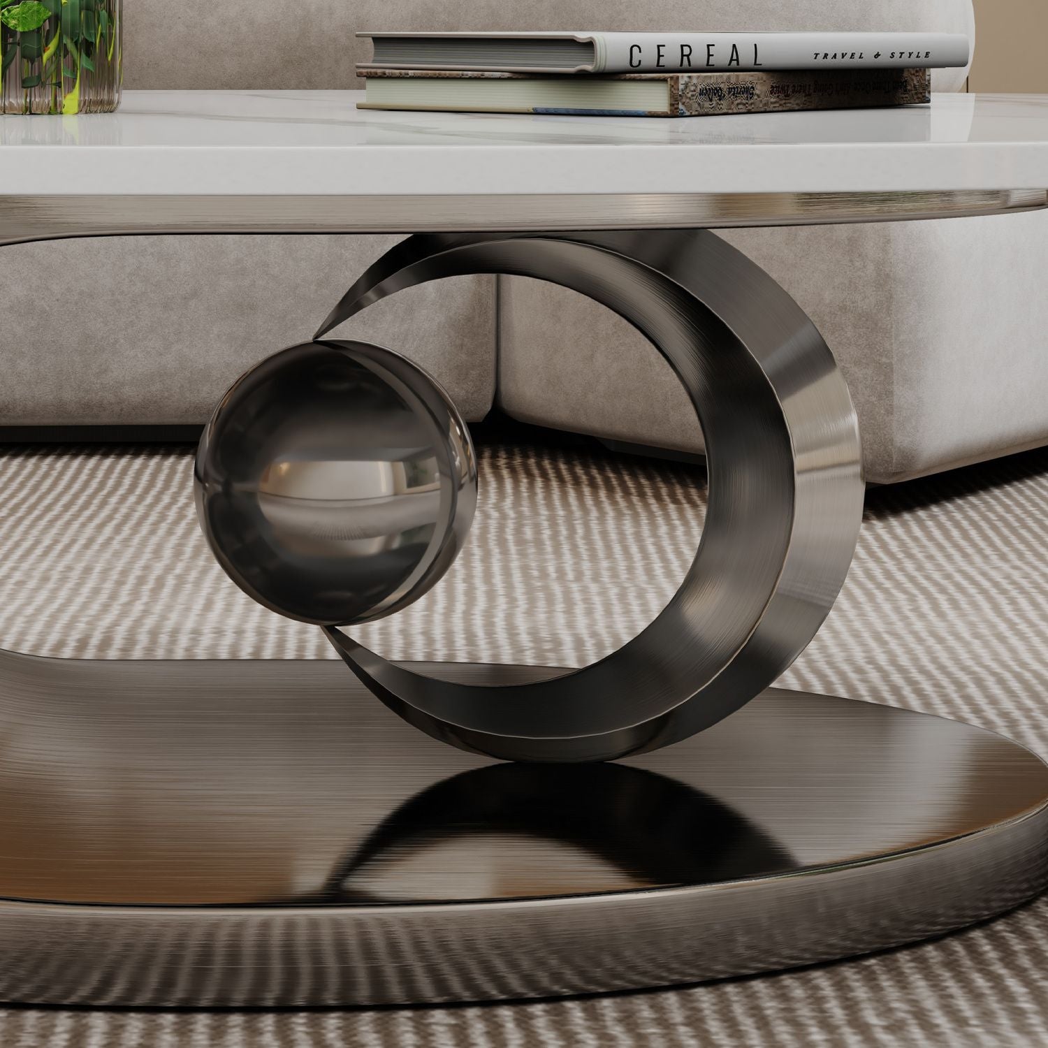 Marble Coffee Table with Sculptural Stainless Steel Base