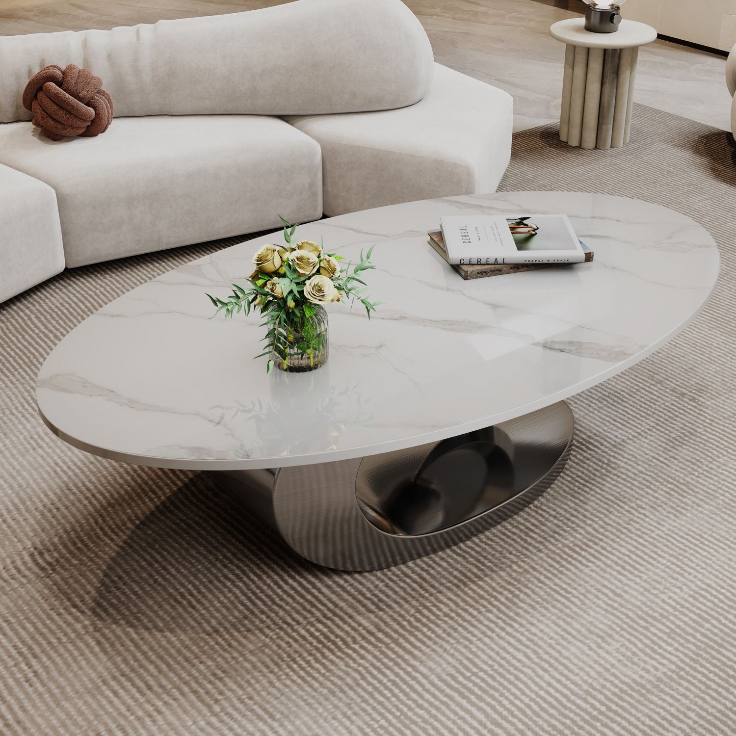 Marble Coffee Table with Sculptural Stainless Steel Base
