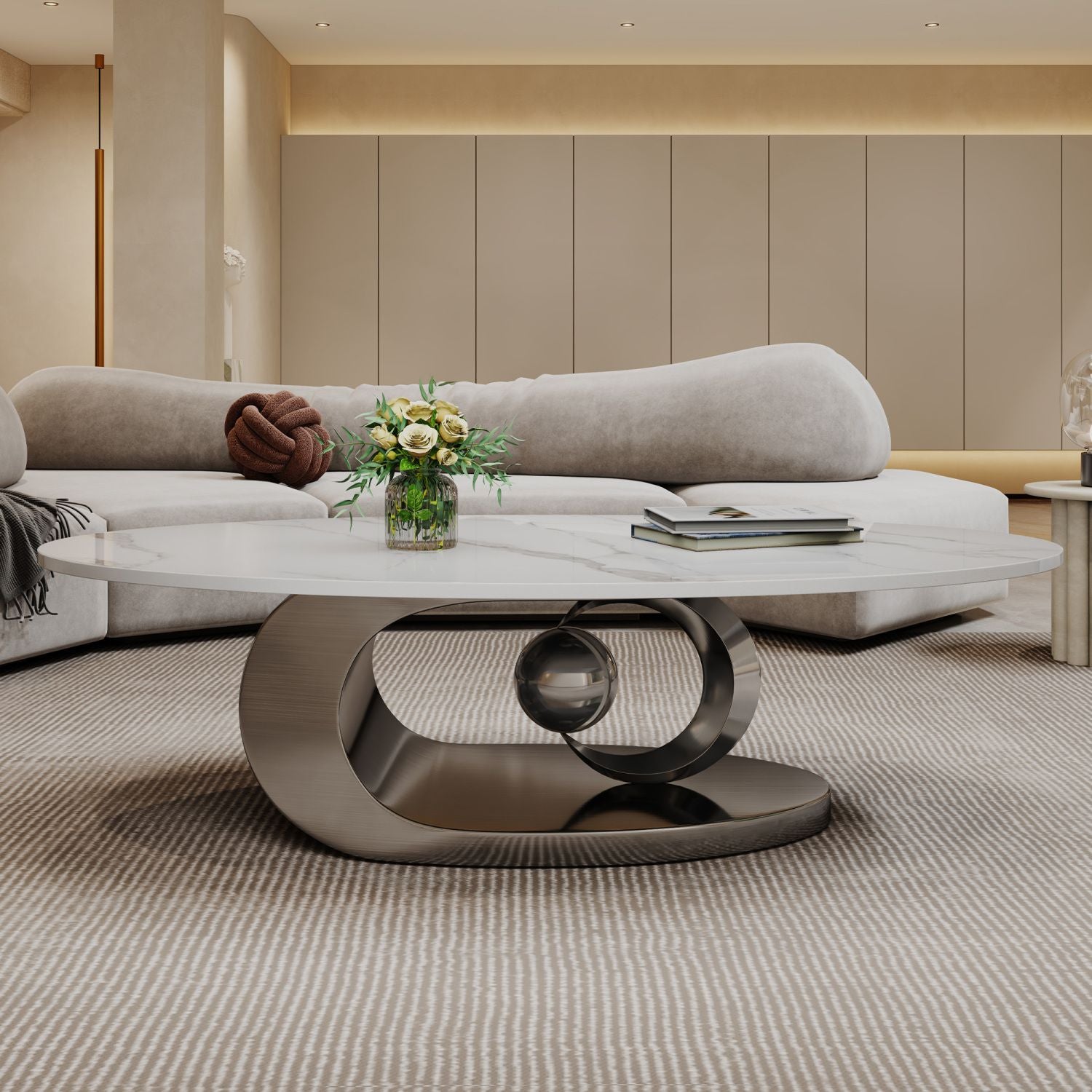 Marble Coffee Table with Sculptural Stainless Steel Base