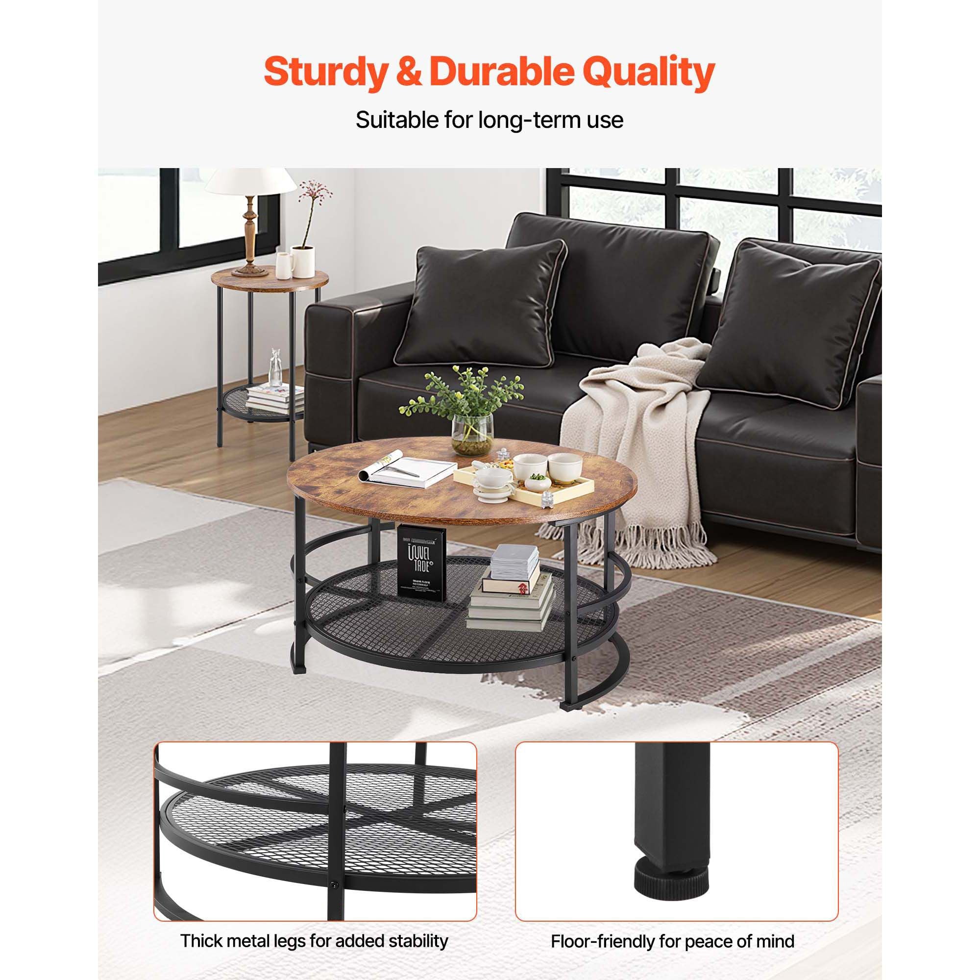 3 Pieces Round Coffee Table Sets, 31.5 in Industrial Living Room Table with 2 End Side Tables, Easy Assembly Coffee and End Tables Sets with Metal Legs, for Office, Living Room and Apartment