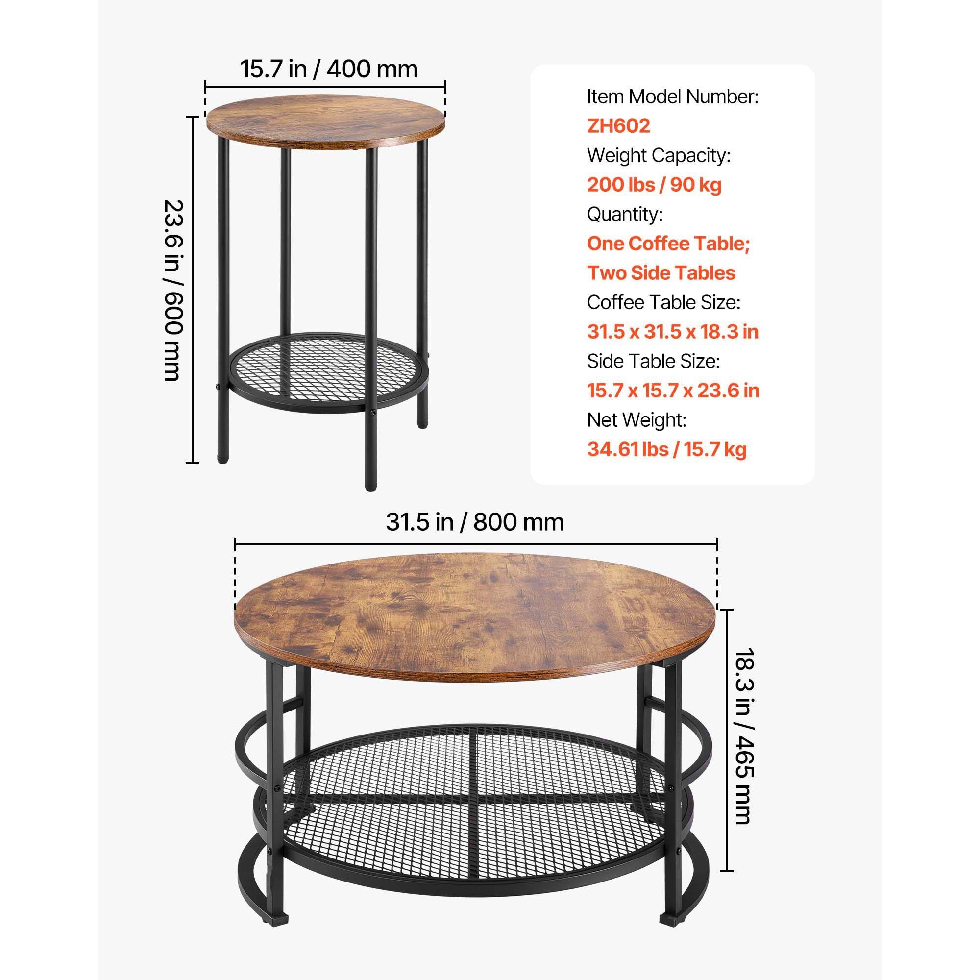 3 Pieces Round Coffee Table Sets, 31.5 in Industrial Living Room Table with 2 End Side Tables, Easy Assembly Coffee and End Tables Sets with Metal Legs, for Office, Living Room and Apartment