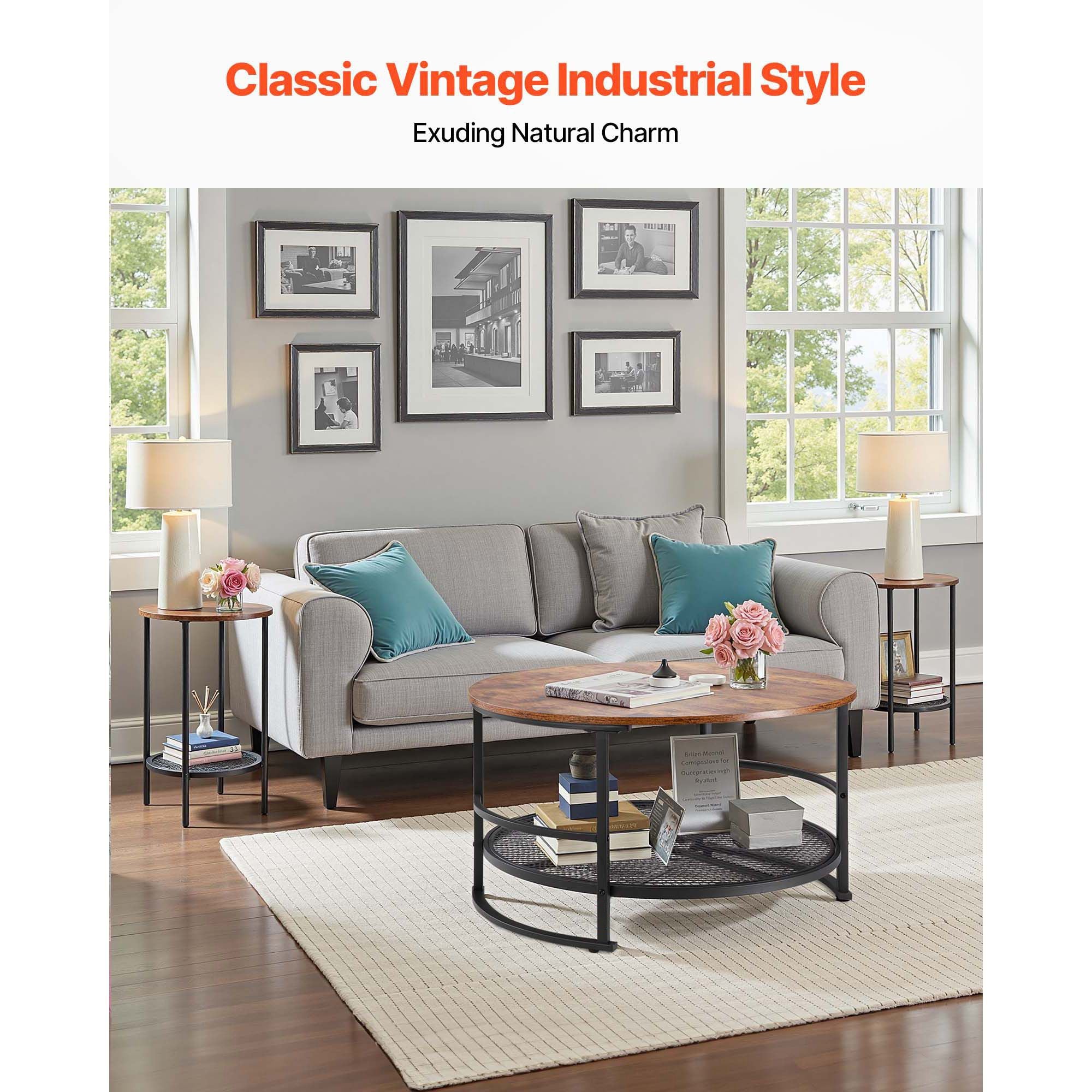 3 Pieces Round Coffee Table Sets, 31.5 in Industrial Living Room Table with 2 End Side Tables, Easy Assembly Coffee and End Tables Sets with Metal Legs, for Office, Living Room and Apartment