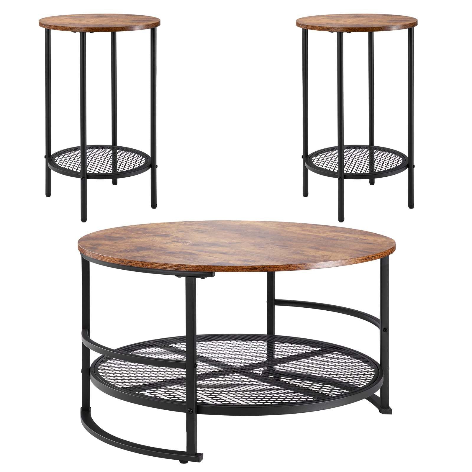 3 Pieces Round Coffee Table Sets, 31.5 in Industrial Living Room Table with 2 End Side Tables, Easy Assembly Coffee and End Tables Sets with Metal Legs, for Office, Living Room and Apartment