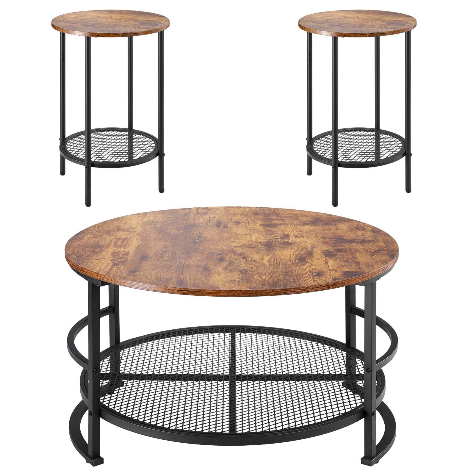 3 Pieces Round Coffee Table Sets, 31.5 in Industrial Living Room Table with 2 End Side Tables, Easy Assembly Coffee and End Tables Sets with Metal Legs, for Office, Living Room and Apartment