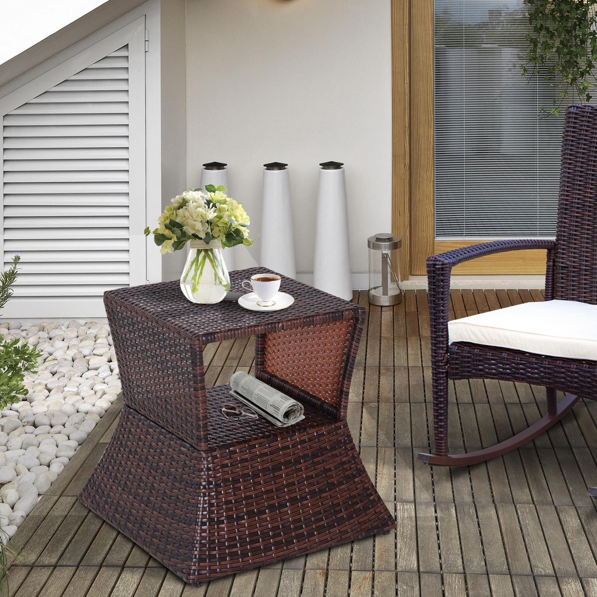Rattan Wicker Patio Side Table with Umbrella Hole 2 Tier Storage All-Weather Garden Furniture Mixed Brown
