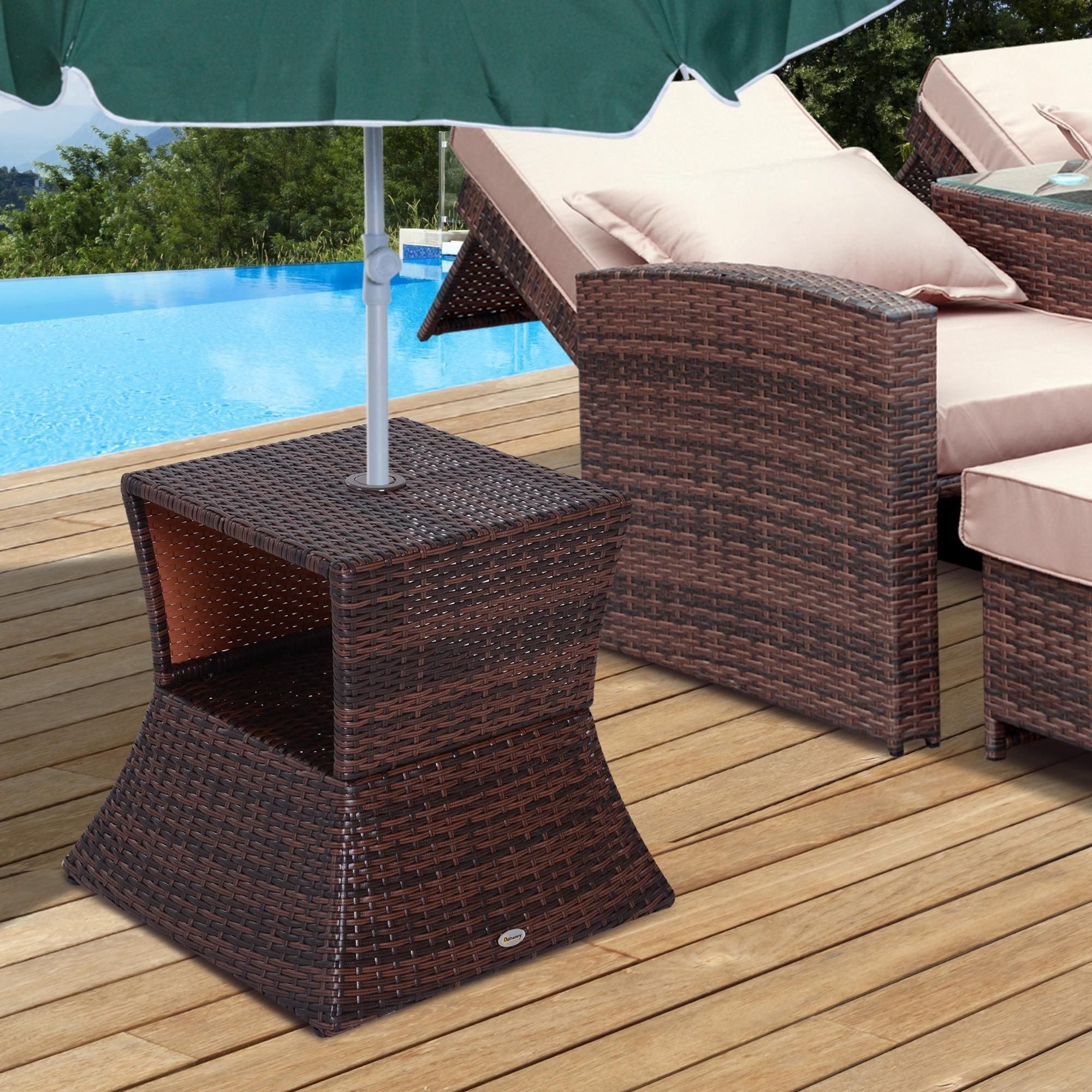 Rattan Wicker Patio Side Table with Umbrella Hole 2 Tier Storage All-Weather Garden Furniture Mixed Brown