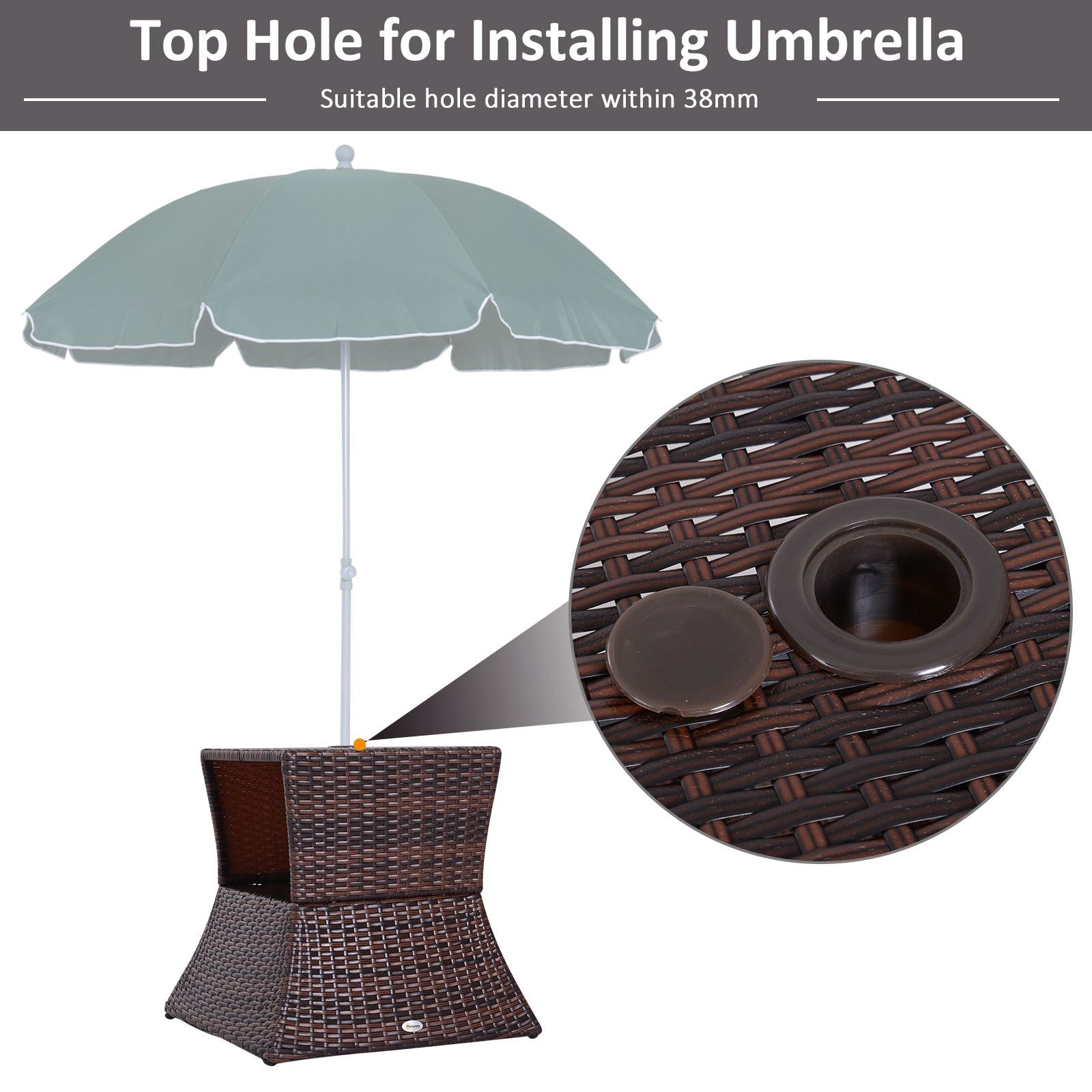 Rattan Wicker Patio Side Table with Umbrella Hole 2 Tier Storage All-Weather Garden Furniture Mixed Brown