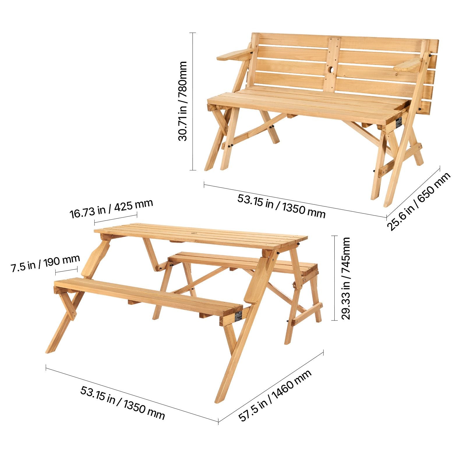 2-in-1 Transforming Interchangeable Picnic Table, Outdoor Wooden Table and Bench Set, Portable Foldable Bench with Umbrella Hole, Patio Dining Furniture for Garden, Backyard, Porch (Brown)