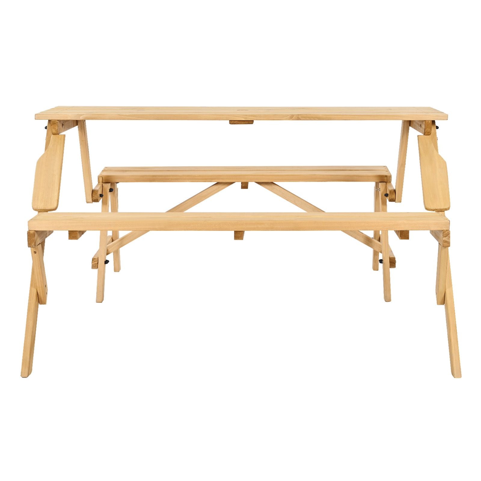 2-in-1 Transforming Interchangeable Picnic Table, Outdoor Wooden Table and Bench Set, Portable Foldable Bench with Umbrella Hole, Patio Dining Furniture for Garden, Backyard, Porch (Brown)