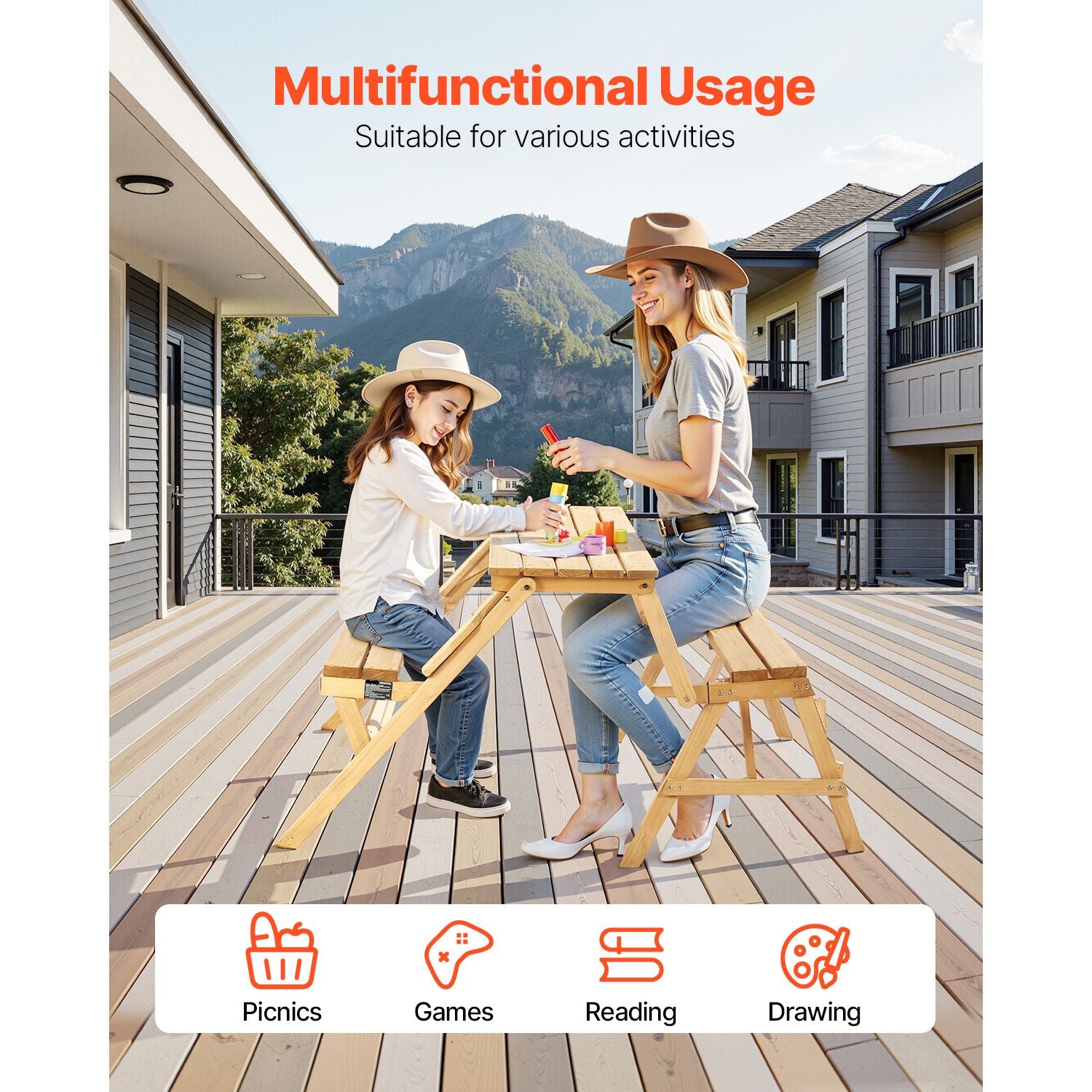 2-in-1 Transforming Interchangeable Picnic Table, Outdoor Wooden Table and Bench Set, Portable Foldable Bench with Umbrella Hole, Patio Dining Furniture for Garden, Backyard, Porch (Brown)
