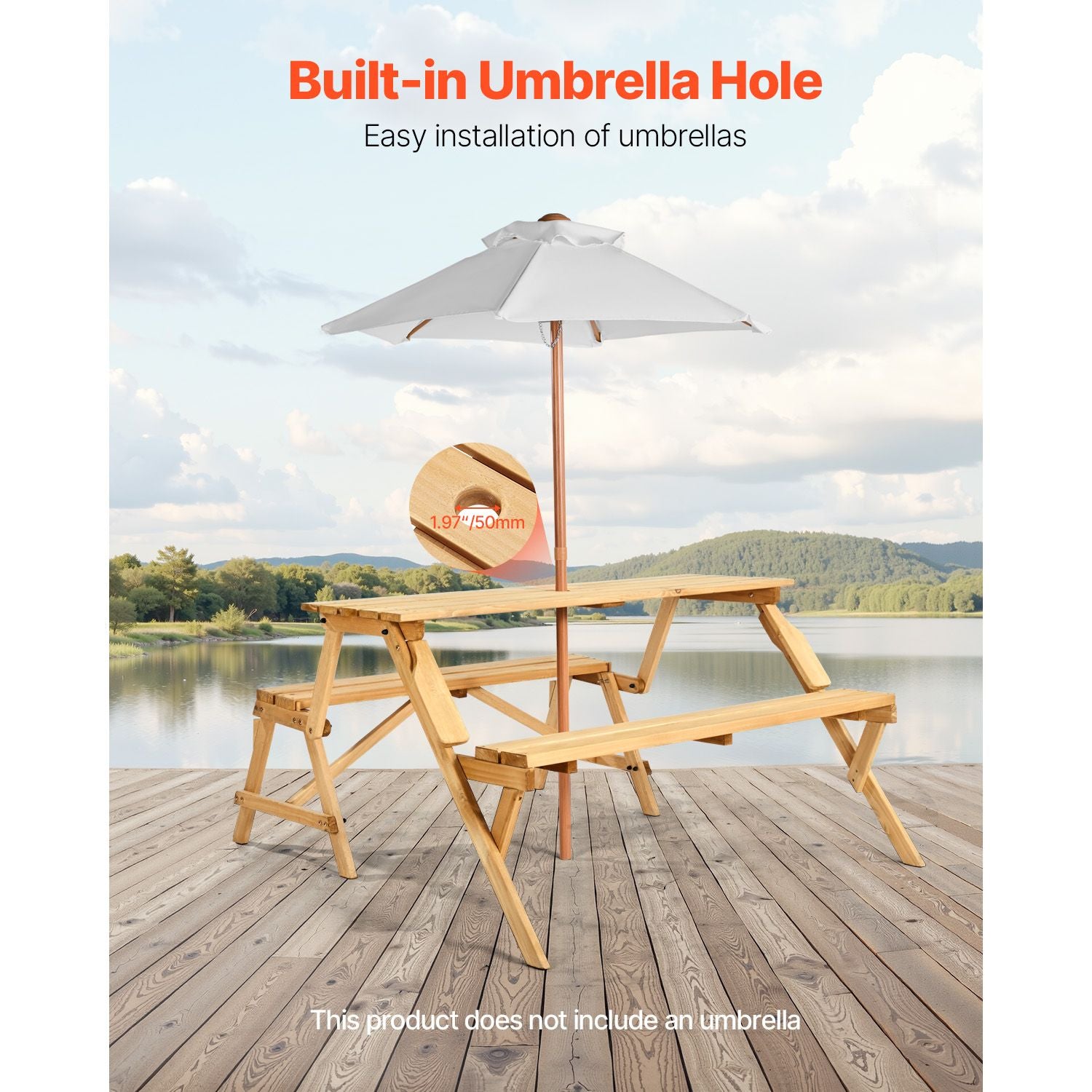 2-in-1 Transforming Interchangeable Picnic Table, Outdoor Wooden Table and Bench Set, Portable Foldable Bench with Umbrella Hole, Patio Dining Furniture for Garden, Backyard, Porch (Brown)