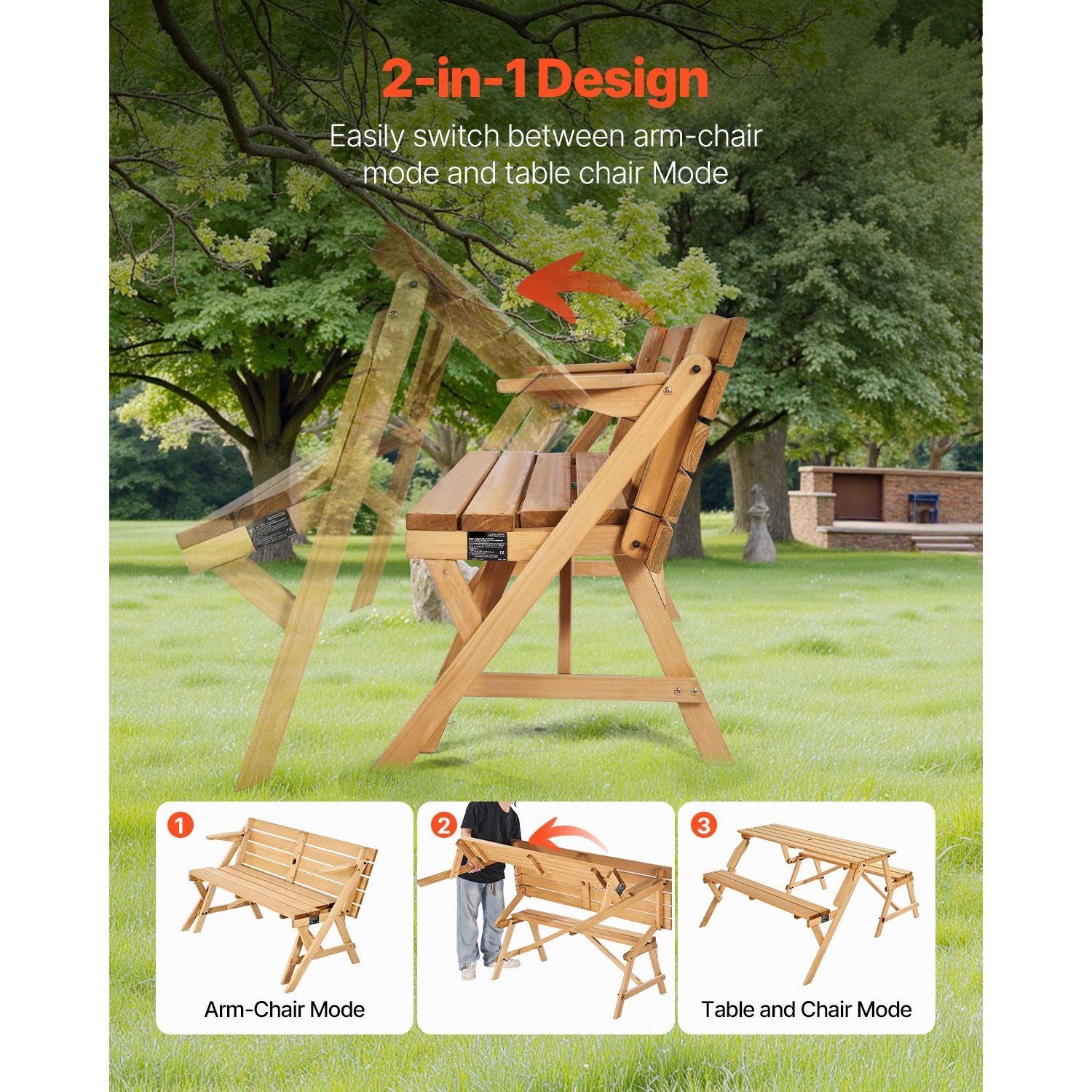 2-in-1 Transforming Interchangeable Picnic Table, Outdoor Wooden Table and Bench Set, Portable Foldable Bench with Umbrella Hole, Patio Dining Furniture for Garden, Backyard, Porch (Brown)