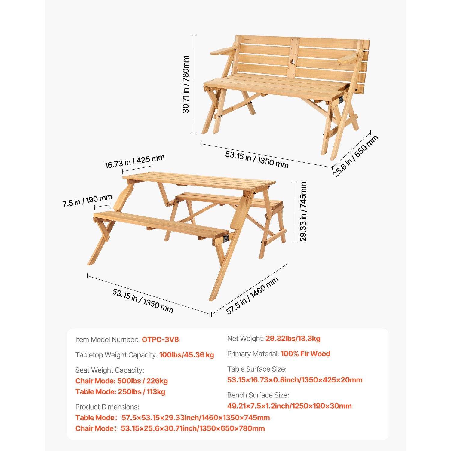 2-in-1 Transforming Interchangeable Picnic Table, Outdoor Wooden Table and Bench Set, Portable Foldable Bench with Umbrella Hole, Patio Dining Furniture for Garden, Backyard, Porch (Brown)