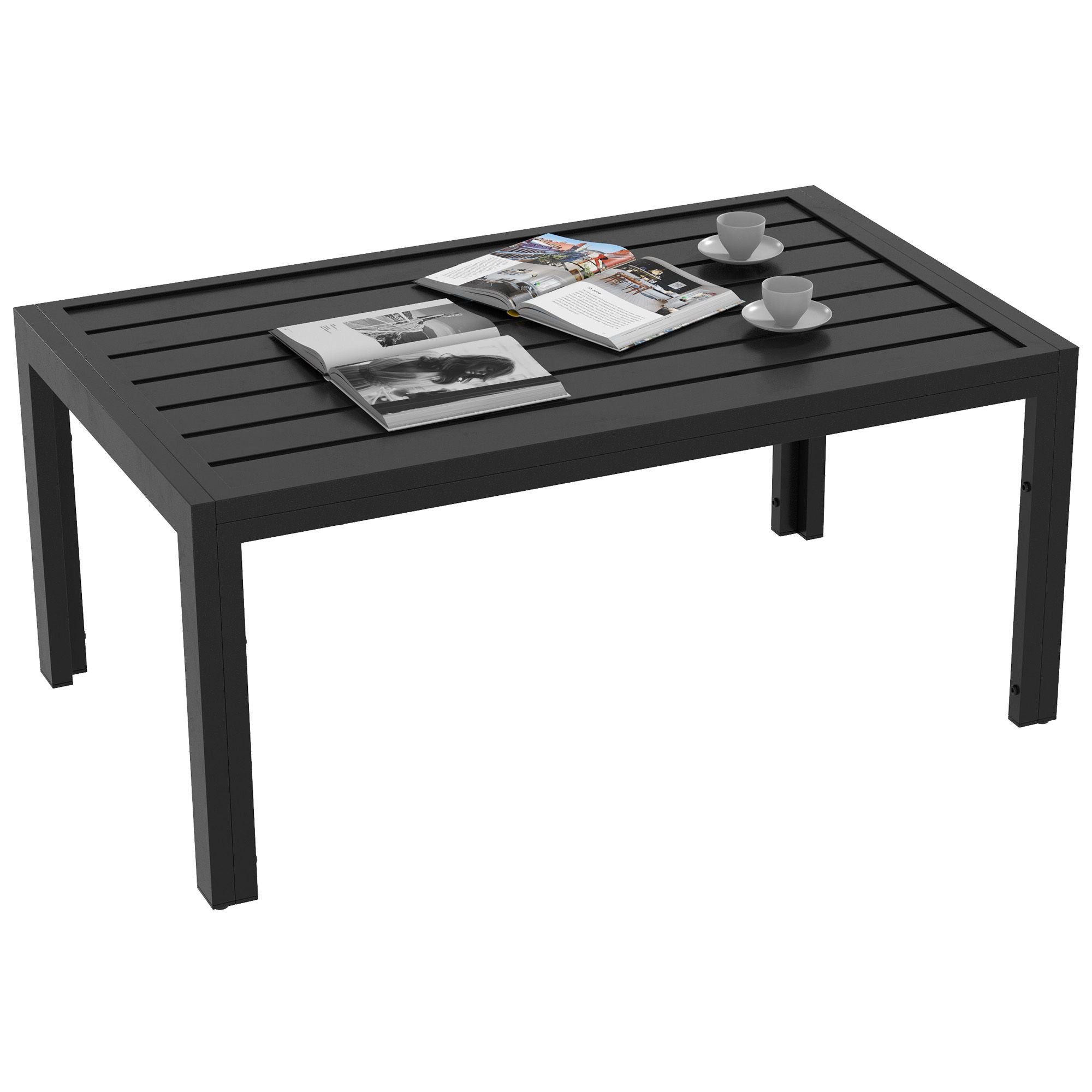 Outdoor Coffee Table Black Rectangular Patio Side Table with Steel Frame and Slat Tabletop for Garden, Balcony