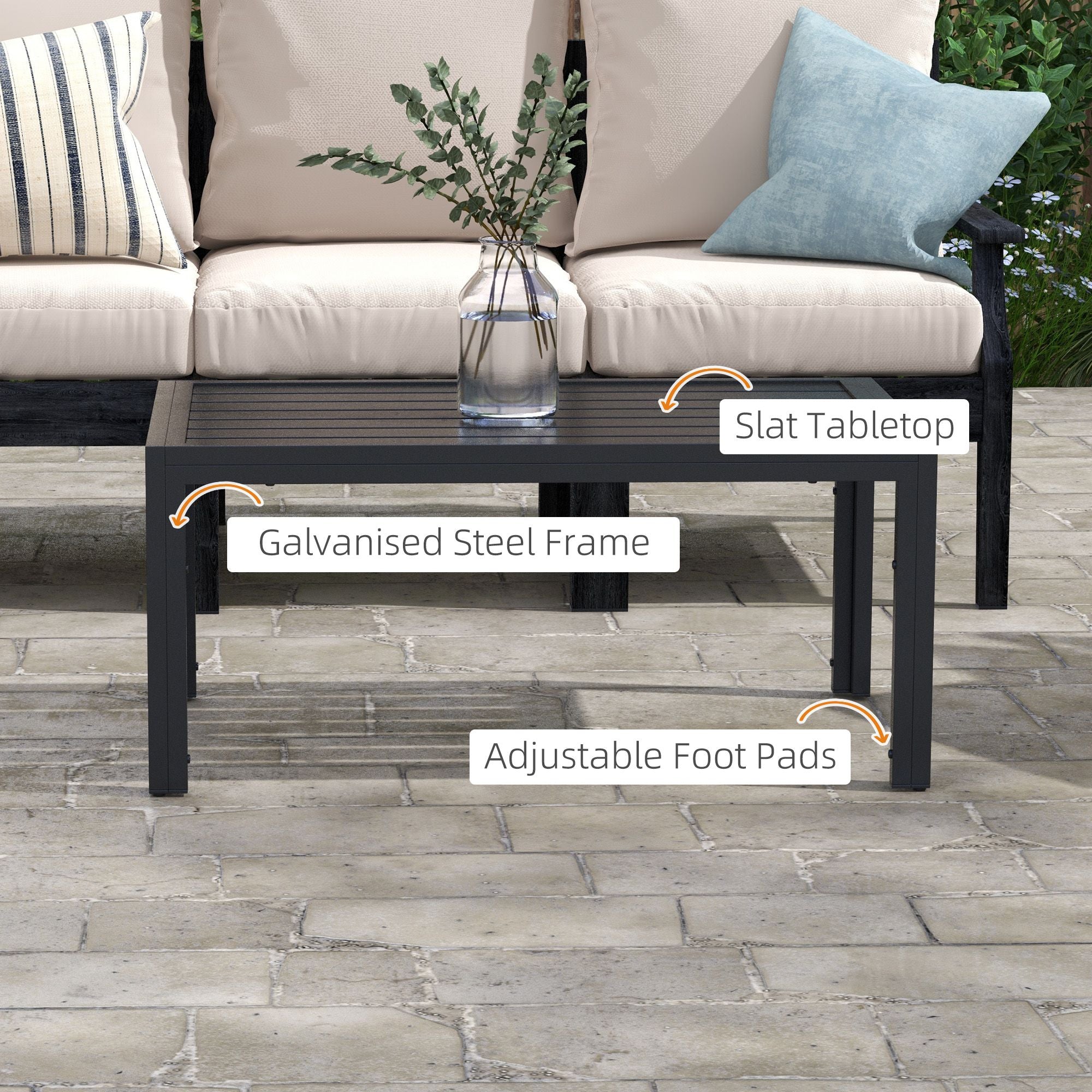 Outdoor Coffee Table Black Rectangular Patio Side Table with Steel Frame and Slat Tabletop for Garden, Balcony