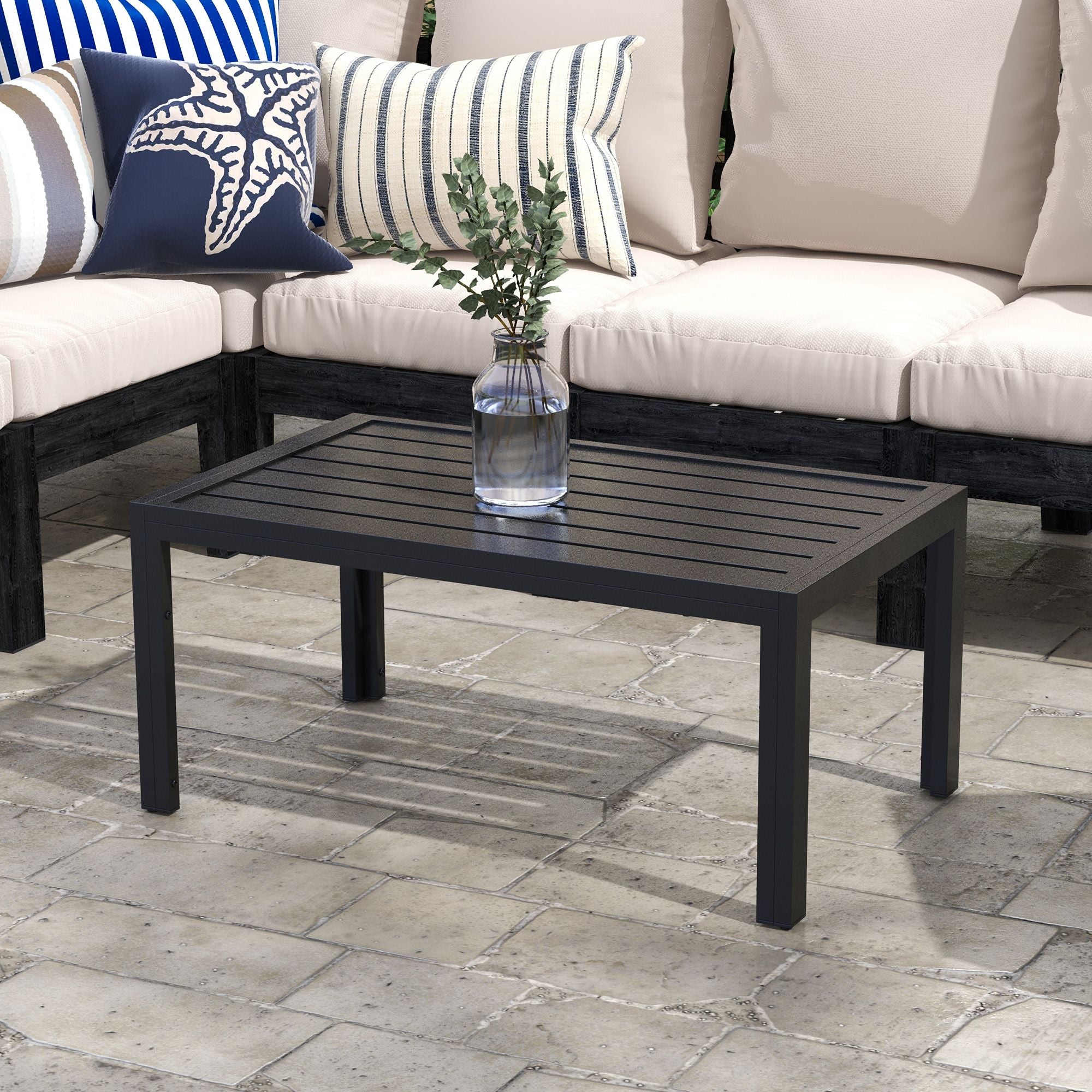 Outdoor Coffee Table Black Rectangular Patio Side Table with Steel Frame and Slat Tabletop for Garden, Balcony