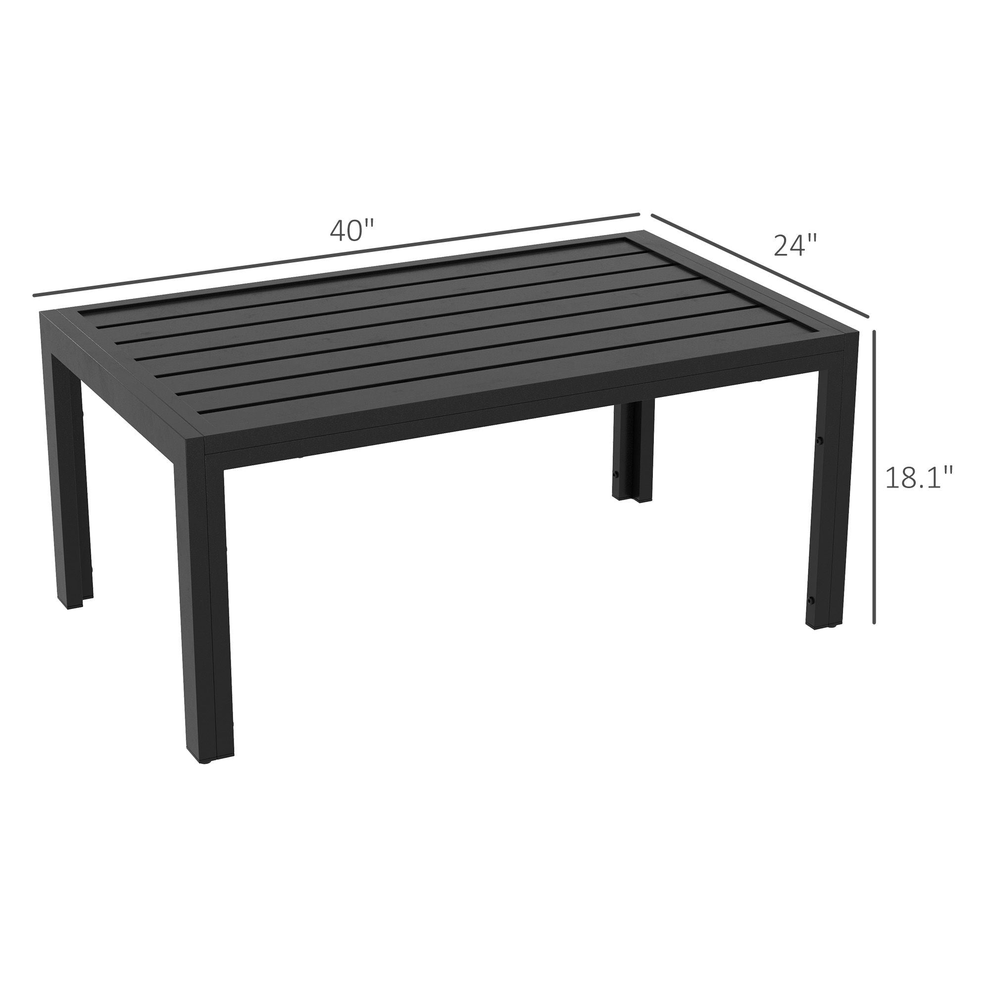 Outdoor Coffee Table Black Rectangular Patio Side Table with Steel Frame and Slat Tabletop for Garden, Balcony