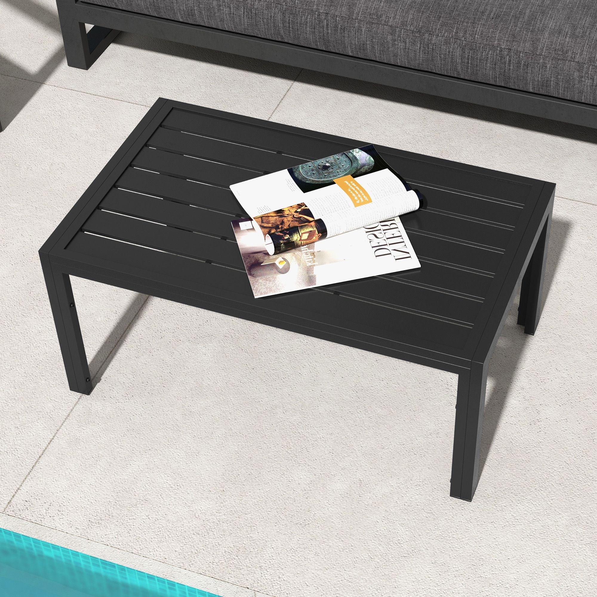 Outdoor Coffee Table Black Rectangular Patio Side Table with Steel Frame and Slat Tabletop for Garden, Balcony