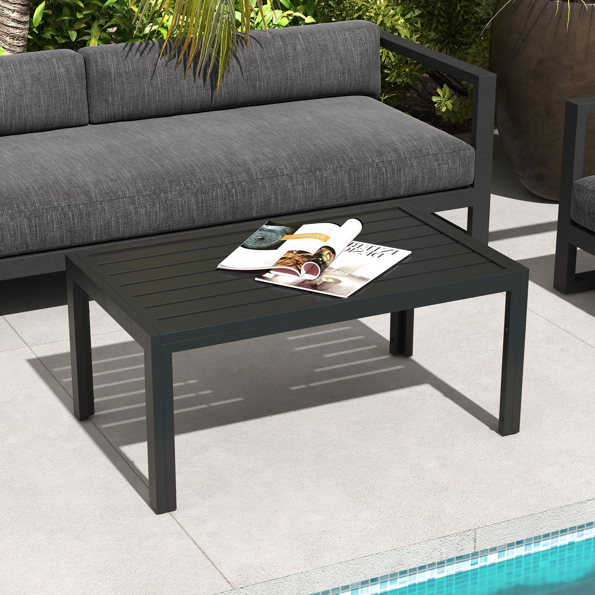 Outdoor Coffee Table Black Rectangular Patio Side Table with Steel Frame and Slat Tabletop for Garden, Balcony