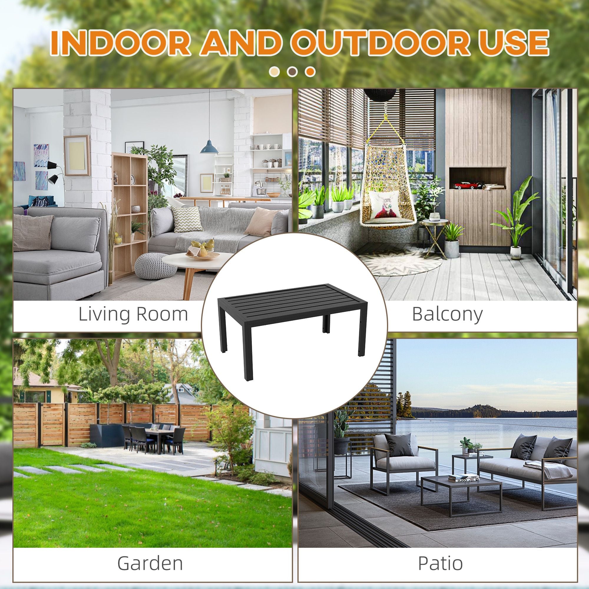 Outdoor Coffee Table Black Rectangular Patio Side Table with Steel Frame and Slat Tabletop for Garden, Balcony