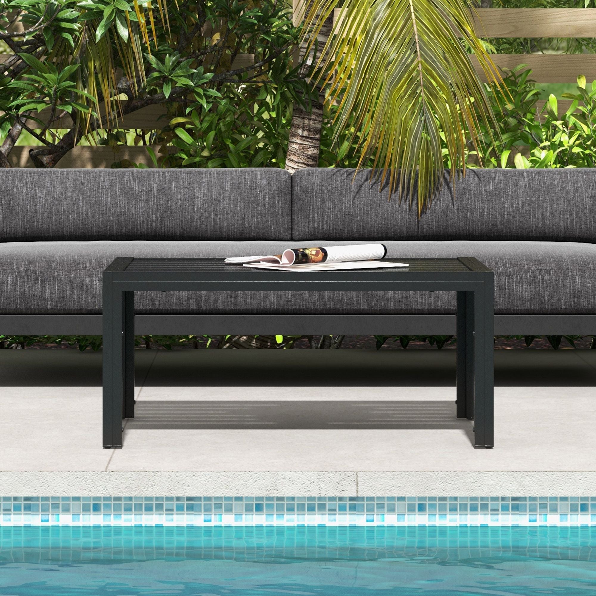 Outdoor Coffee Table Black Rectangular Patio Side Table with Steel Frame and Slat Tabletop for Garden, Balcony