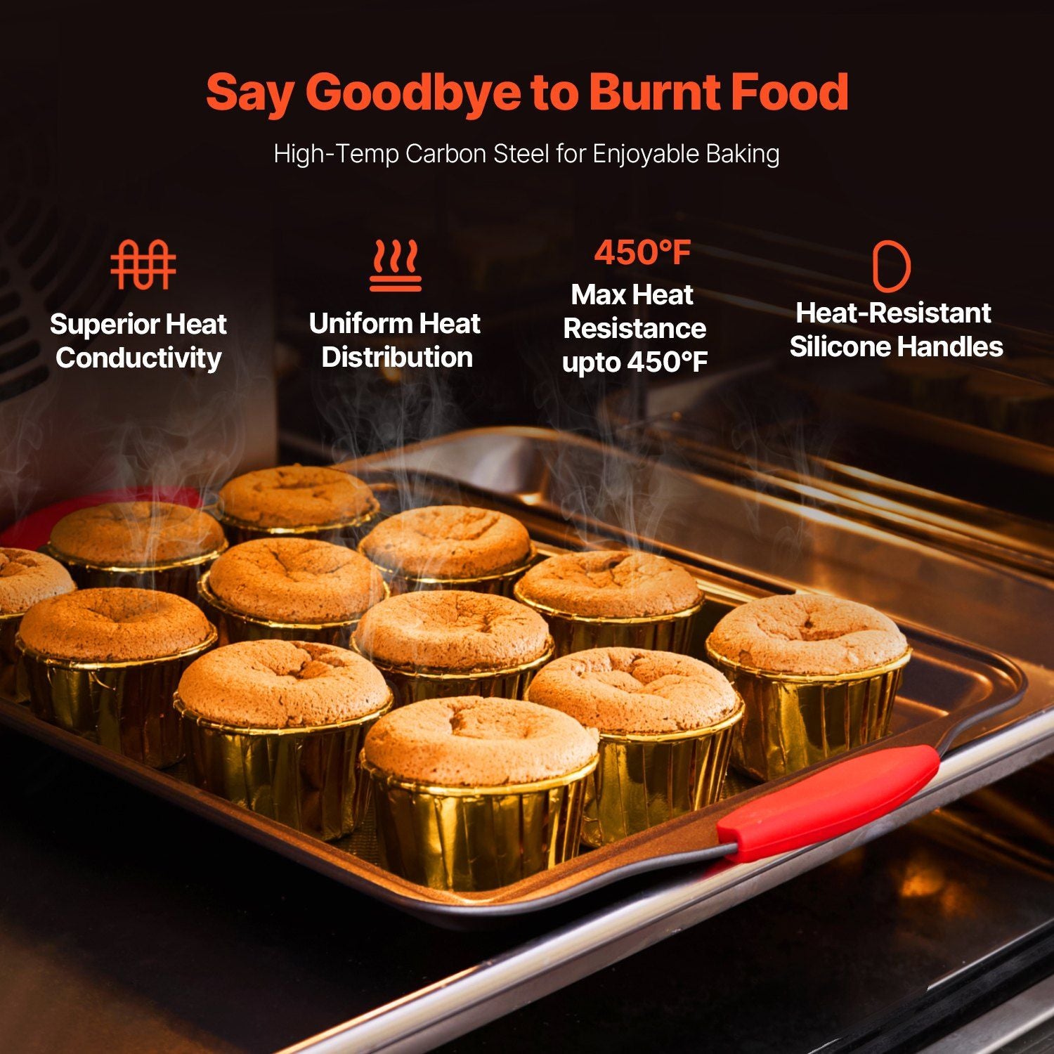 Baking Pans Set, 3-Piece, Nonstick Carbon Steel Cookware Sheets & Trays, Stackable Kitchen Oven Bakeware Cooking Sets with Silicone Handles, Easy to Clean, for Baking Cookie Cake Muffin Bread