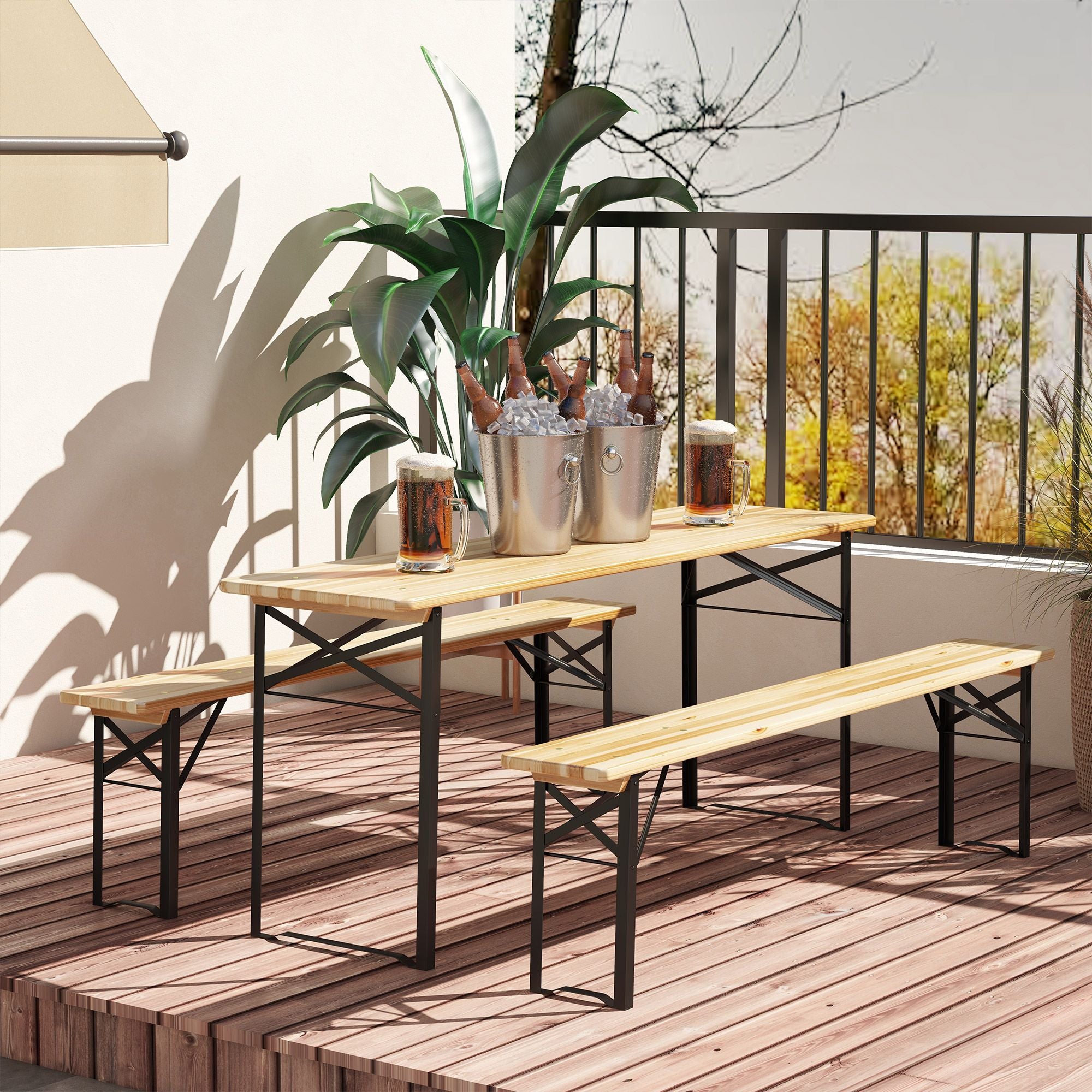 Portable Wooden Picnic Table 6FT Beer Table Set with Benches German Style Anti-Injury Design for Patio Dining
