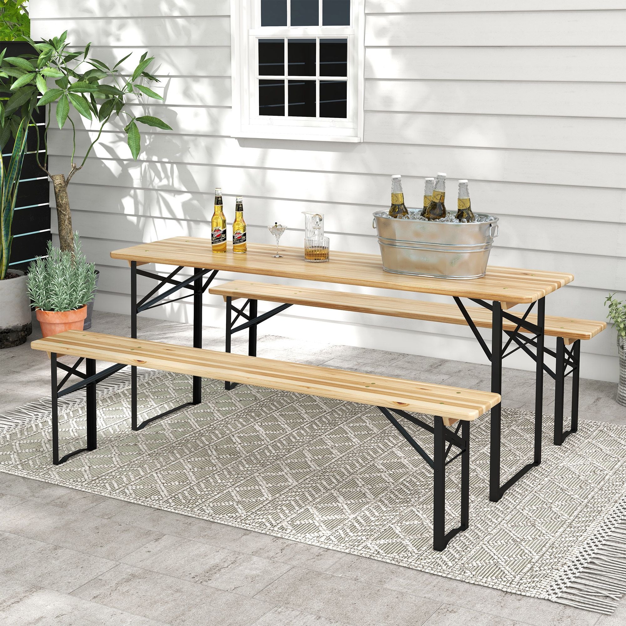 Portable Wooden Picnic Table 6FT Beer Table Set with Benches German Style Anti-Injury Design for Patio Dining