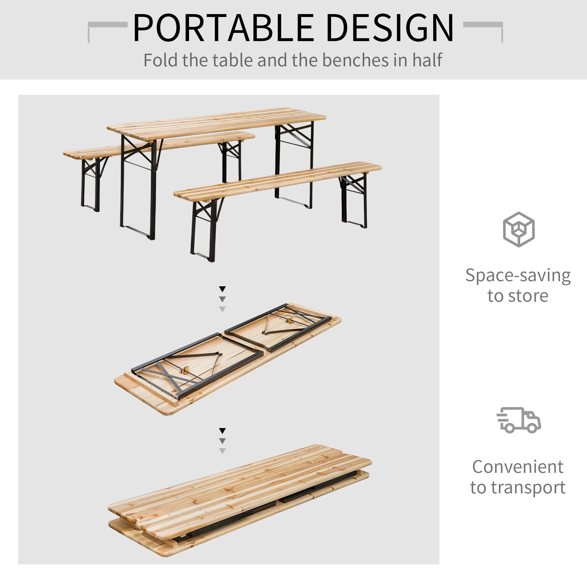 Portable Wooden Picnic Table 6FT Beer Table Set with Benches German Style Anti-Injury Design for Patio Dining