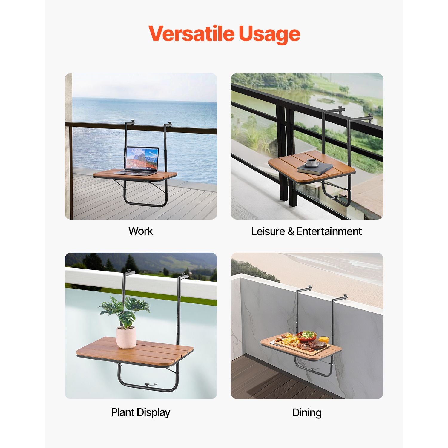 Balcony Hanging Table, 25 x 24 in Folding Balcony Railing Table, Outdoor Balcony Bar Table for Railings, 4-Level Adjustable, Fit Railing from 1" to 8.27", Serving Table for Patio & Deck