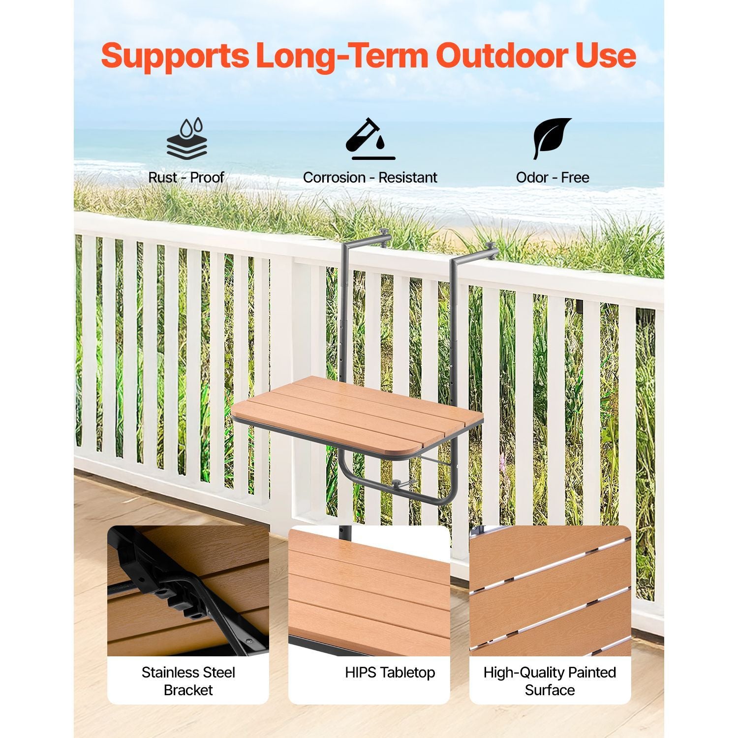 Balcony Hanging Table, 25 x 24 in Folding Balcony Railing Table, Outdoor Balcony Bar Table for Railings, 4-Level Adjustable, Fit Railing from 1" to 8.27", Serving Table for Patio & Deck