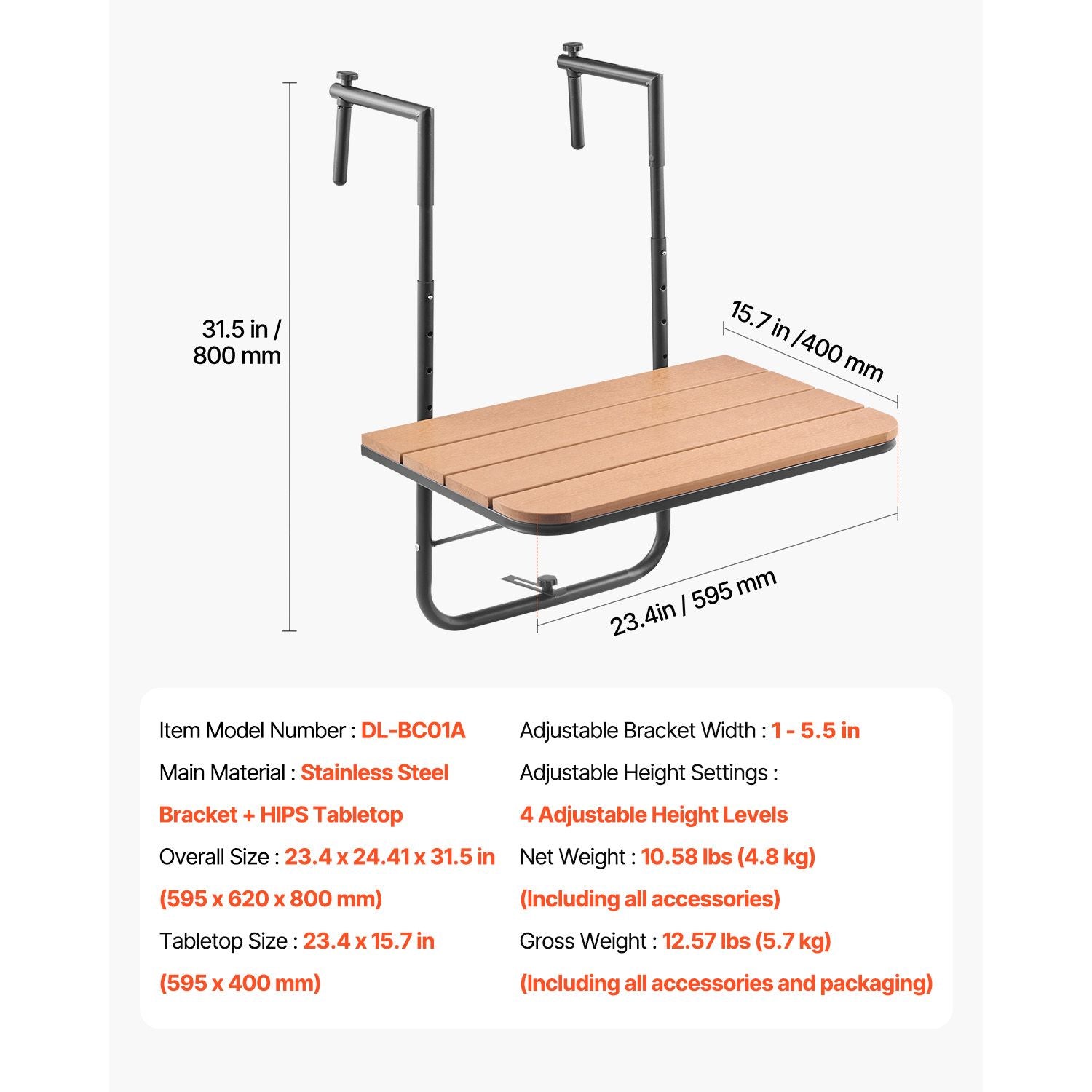 Balcony Hanging Table, 25 x 24 in Folding Balcony Railing Table, Outdoor Balcony Bar Table for Railings, 4-Level Adjustable, Fit Railing from 1" to 8.27", Serving Table for Patio & Deck