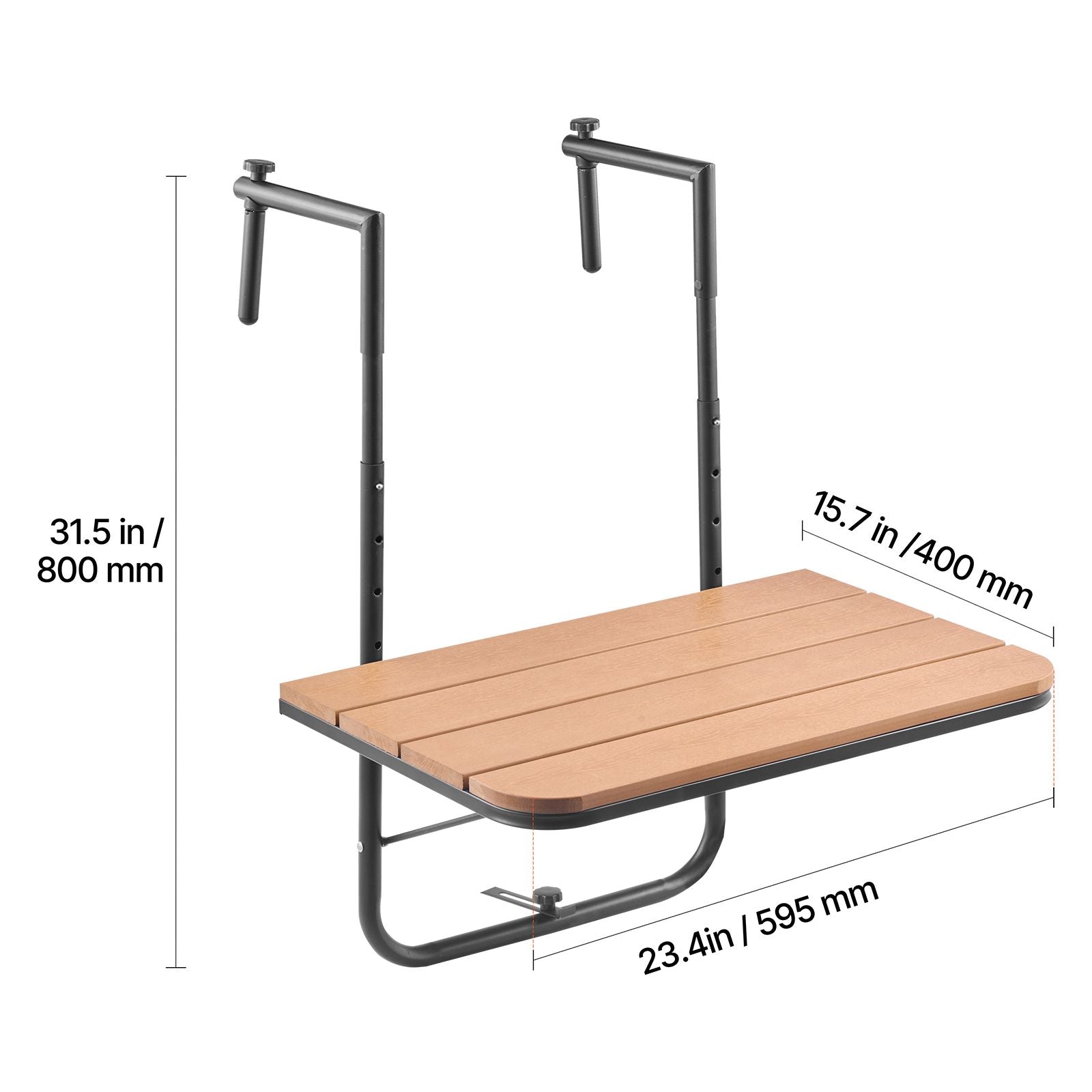 Balcony Hanging Table, 25 x 24 in Folding Balcony Railing Table, Outdoor Balcony Bar Table for Railings, 4-Level Adjustable, Fit Railing from 1" to 8.27", Serving Table for Patio & Deck