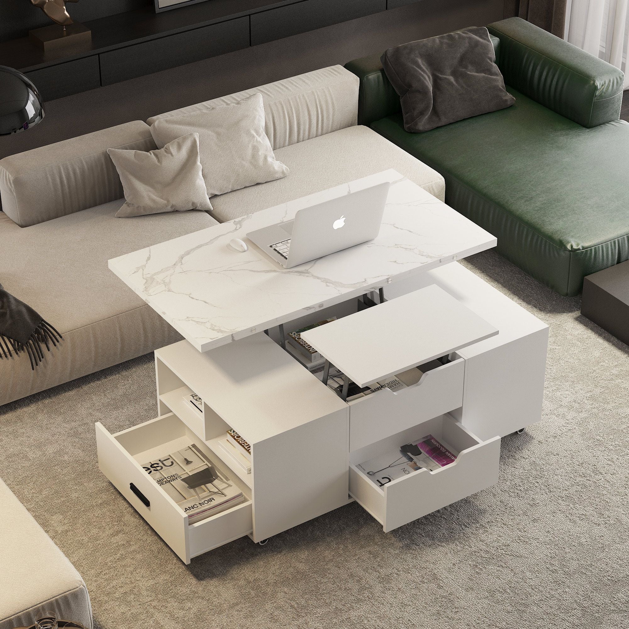 Modern Lift-Up Coffee Table with 2 Stools Set for Living Room Expandable Hidden Storage + Drawers Space Saving Folding Dining Table